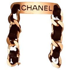 Vintage CHANEL Gold Toned Leather Chain Link Bracelet Unisex Mens 