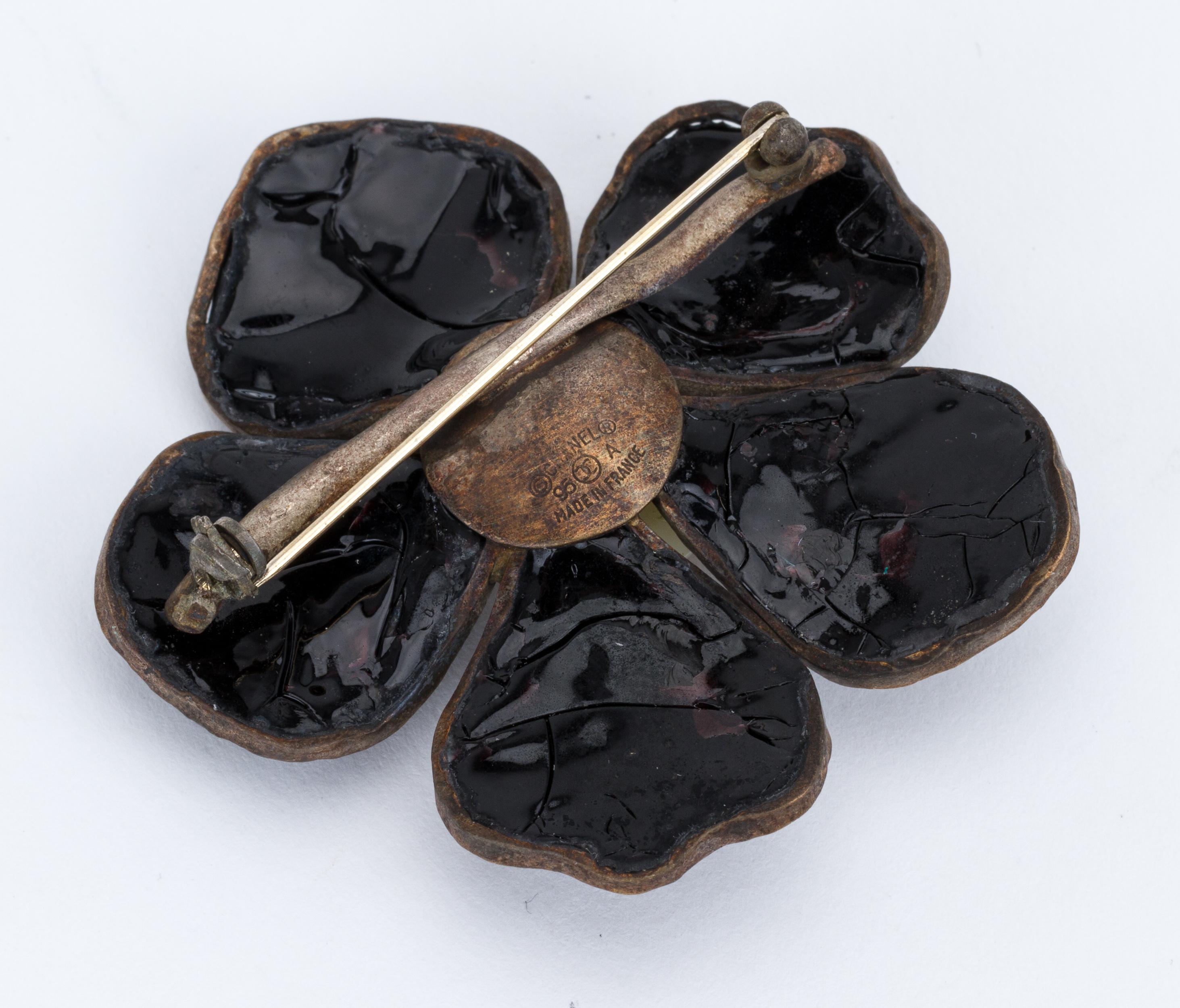 1995 Vintage Chanel Poured Glass Black Camellia Pin In Good Condition In West Hollywood, CA