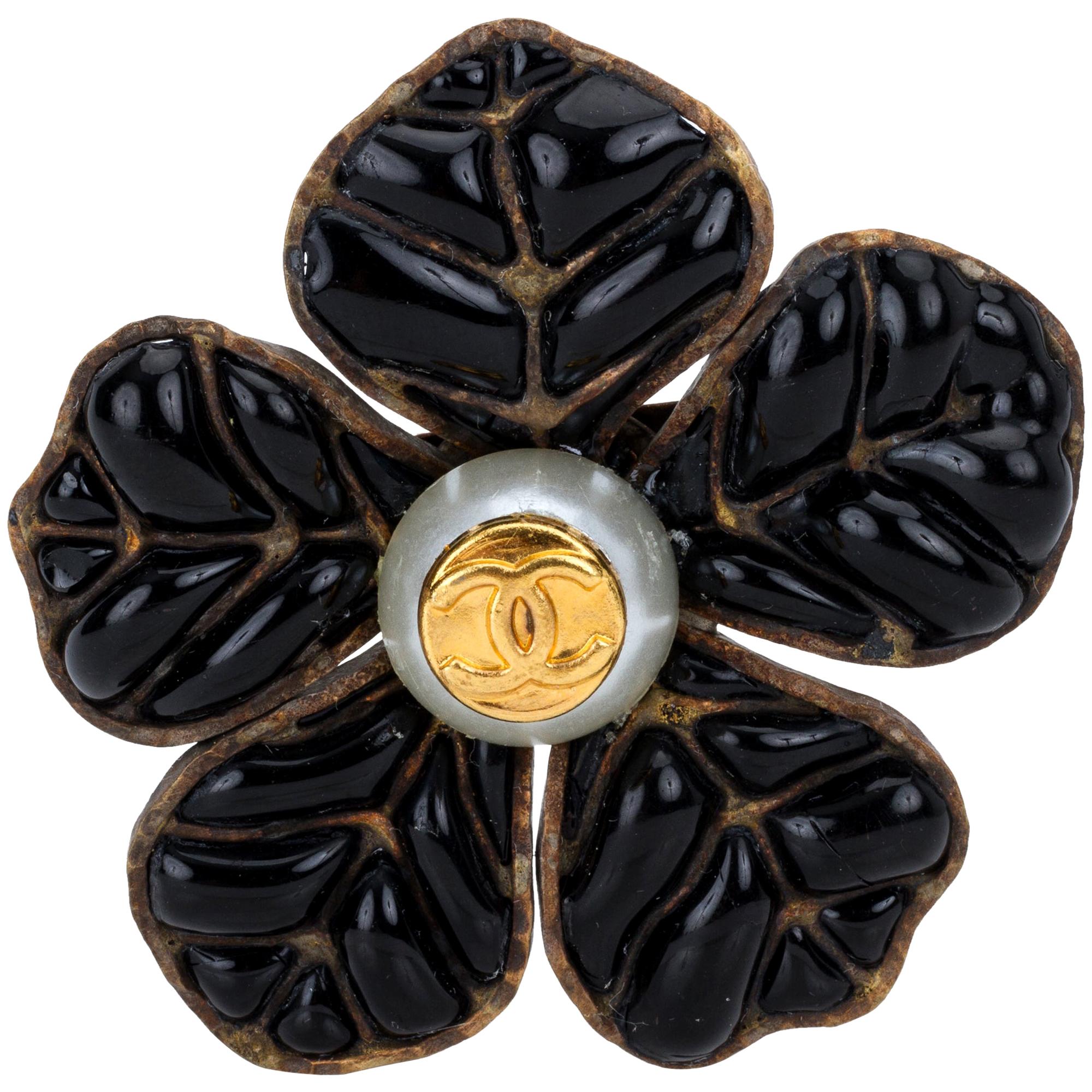 1995 Vintage Chanel Poured Glass Black Camellia Pin