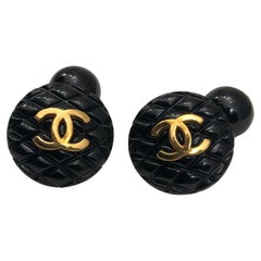 1995 Vintage CHANEL Quilted Resin CC Cufflinks Black Gold Unisex
