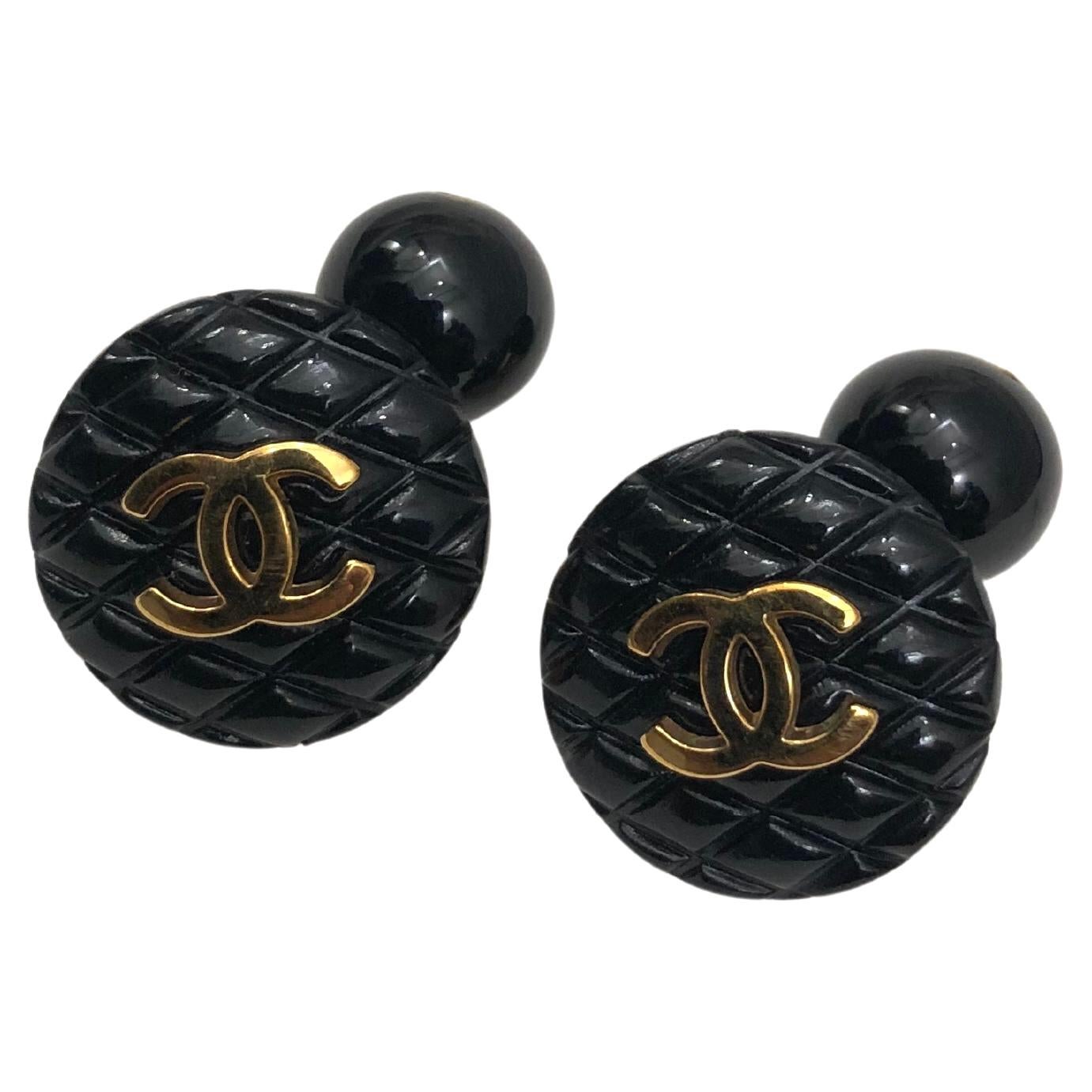 1995 Vintage CHANEL Quilted Resin CC Cufflinks Black Gold Unisex  1