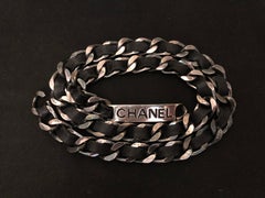 1995 Vintage CHANEL Silver Toned Black Leather Chain Belt Necklace