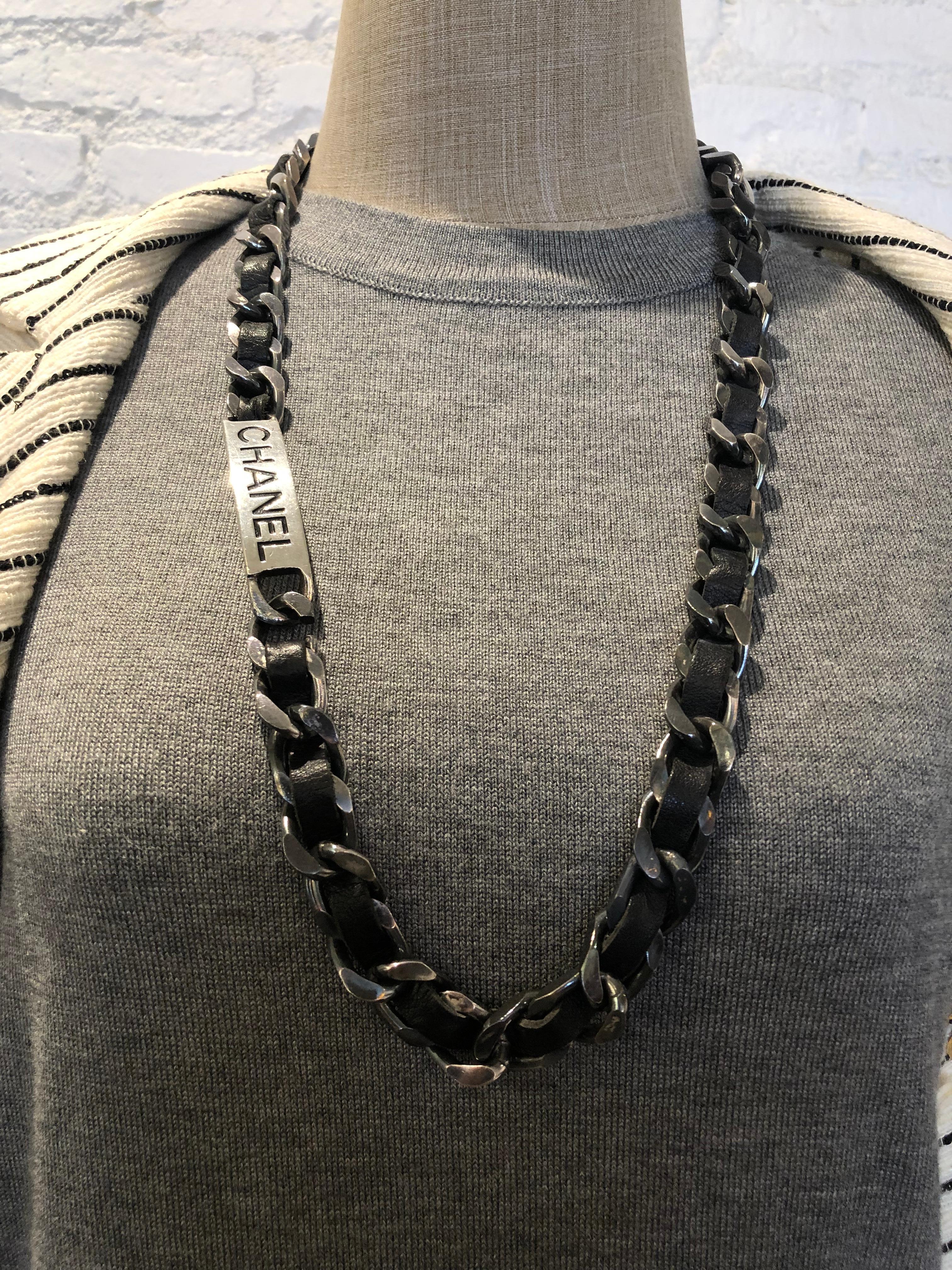 1995 Vintage CHANEL Silver Toned Black Leather Chain Belt Necklace 1