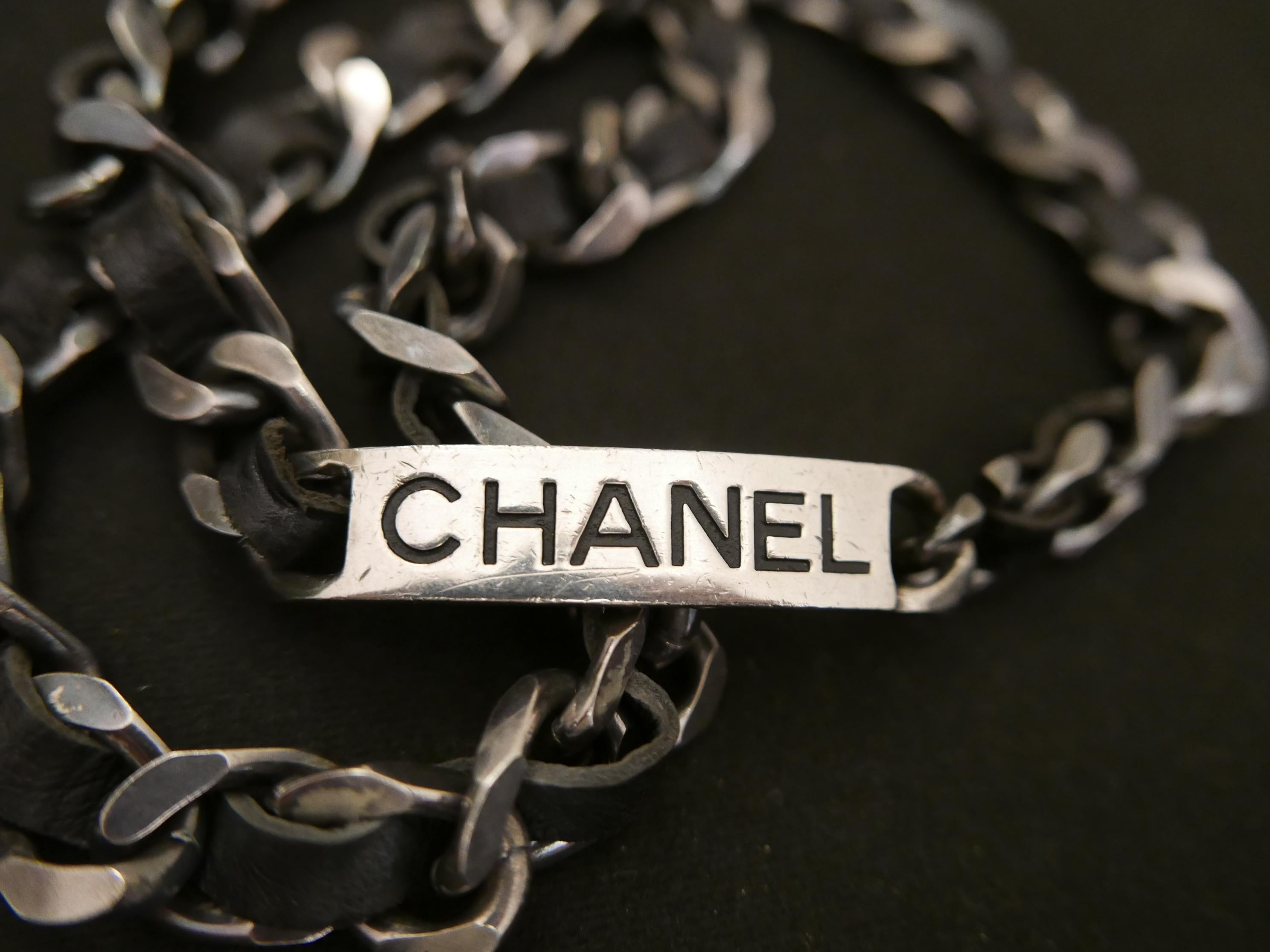 1995 Vintage CHANEL Silver Toned Black Leather Chain Belt Necklace 2