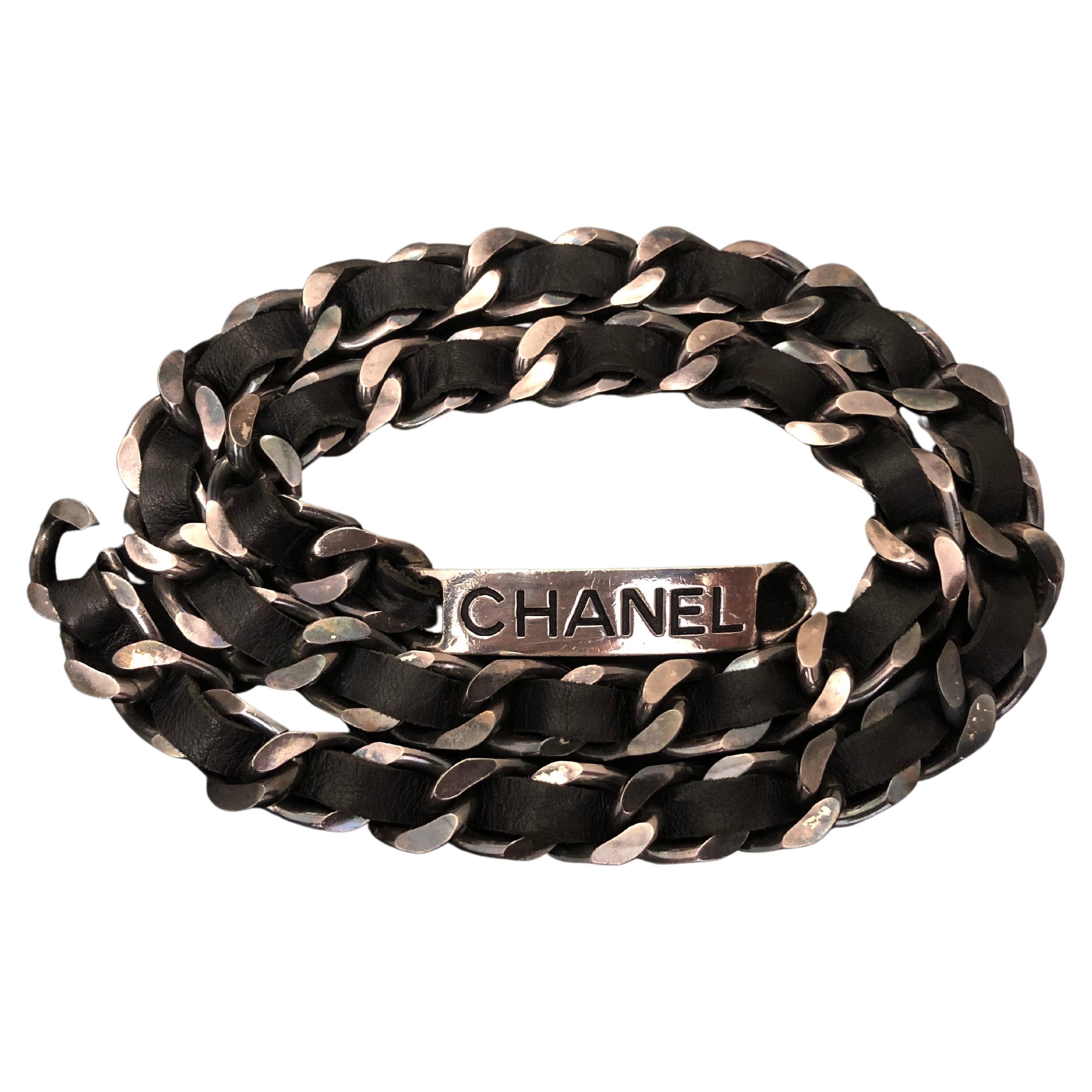 1995 Vintage CHANEL Silver Toned Black Leather Chain Belt Necklace