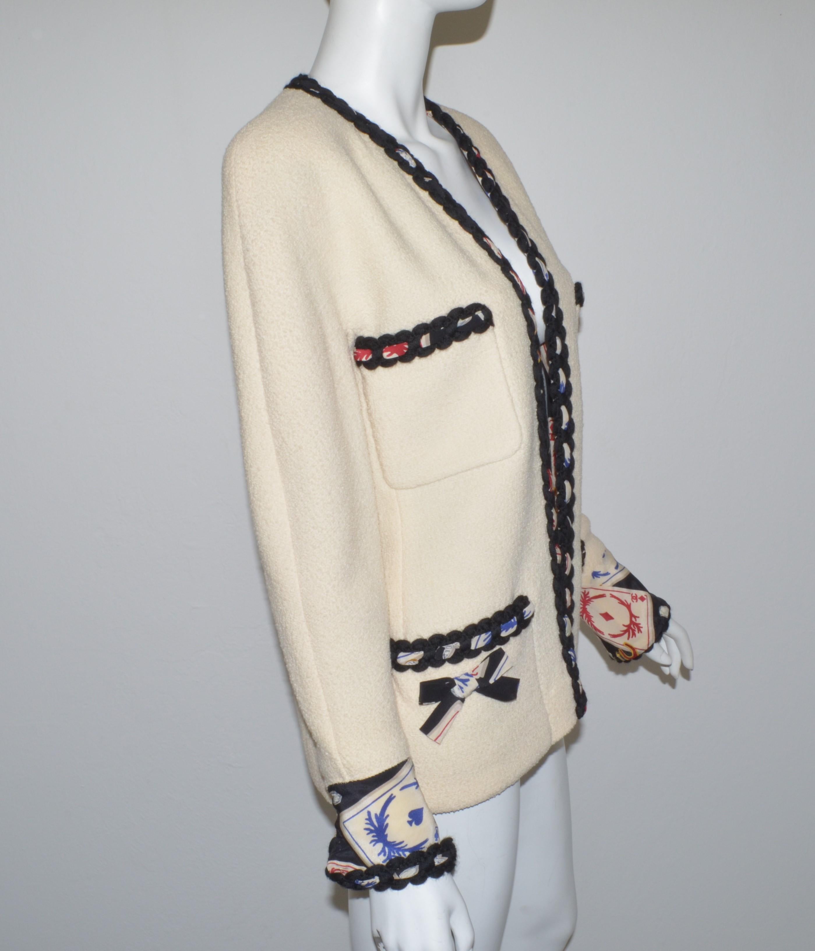 Beige 1995 Vintage Chanel Tweed Jacket with Playing Cards Motif