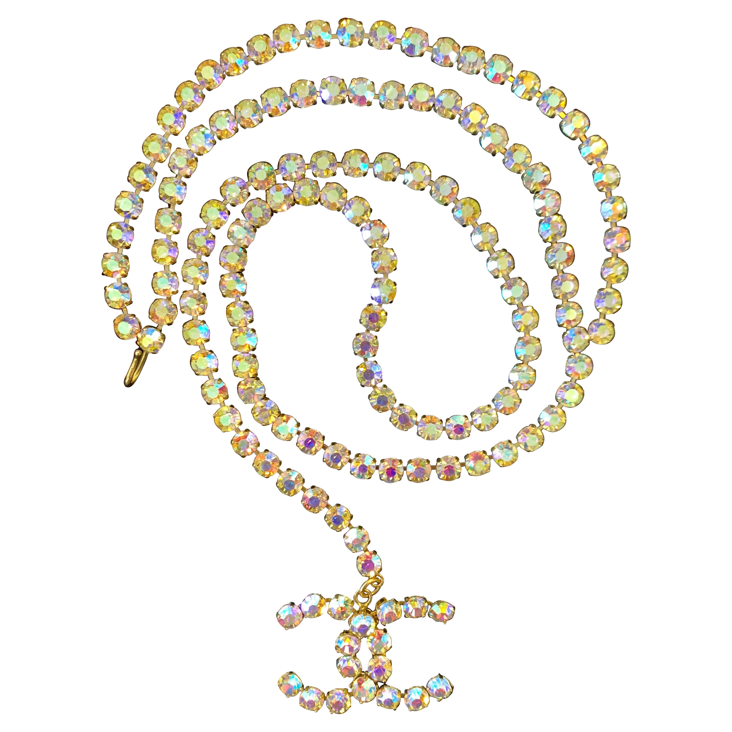 1995 Vintage Runway Chanel Iridescent Rhinestone CC Chain Belt Necklace