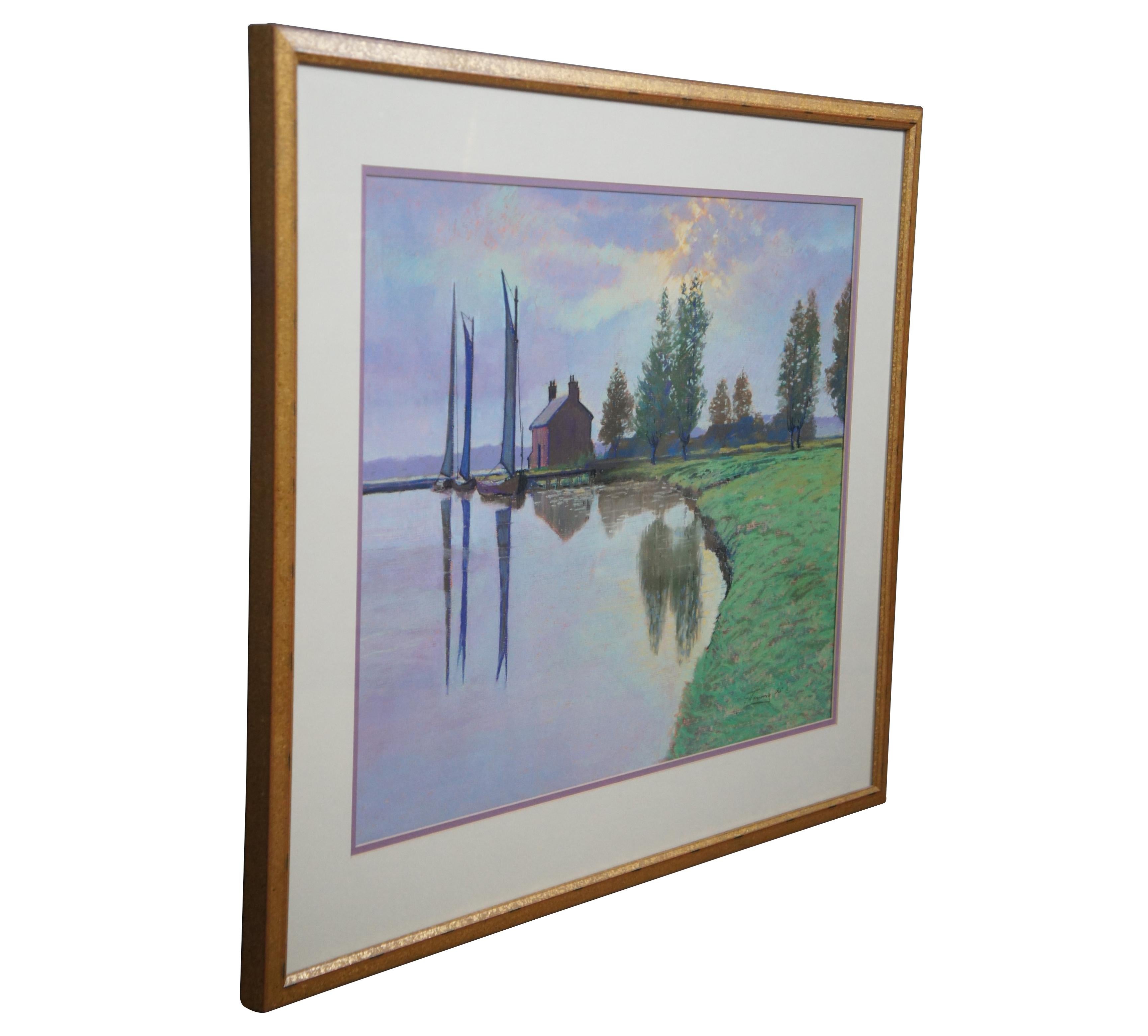 An eye catching late 20th century watercolor painting, signed Fleming lower right. Features a countryside setting with sailboats near a farmhouse. Three sailboats are docked on a calm body of water next to a lush green field. The sun overhead