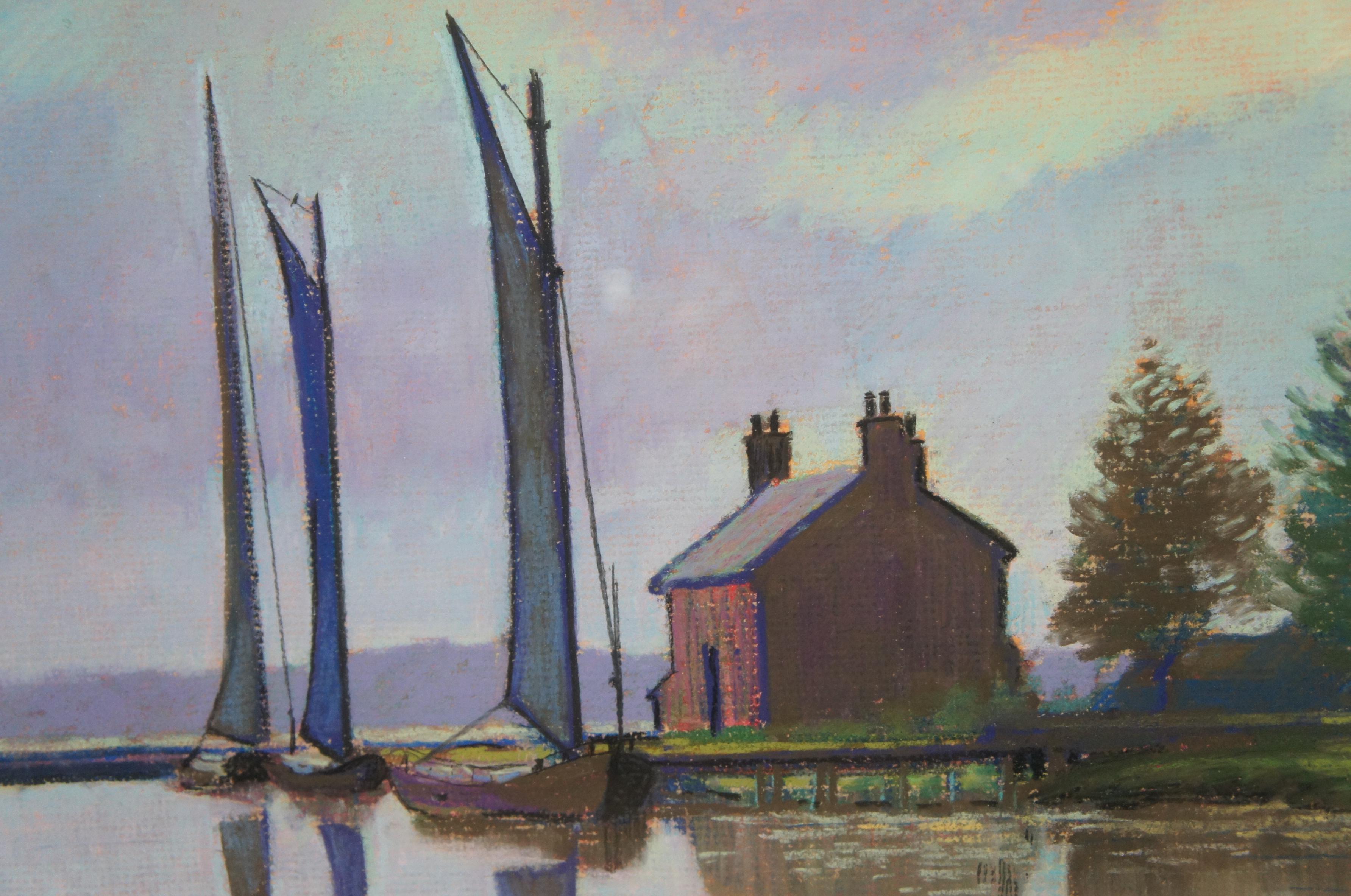 1995 Vintage Watercolor Realist Landscape Painting Sailboats Farm by Fleming For Sale 3