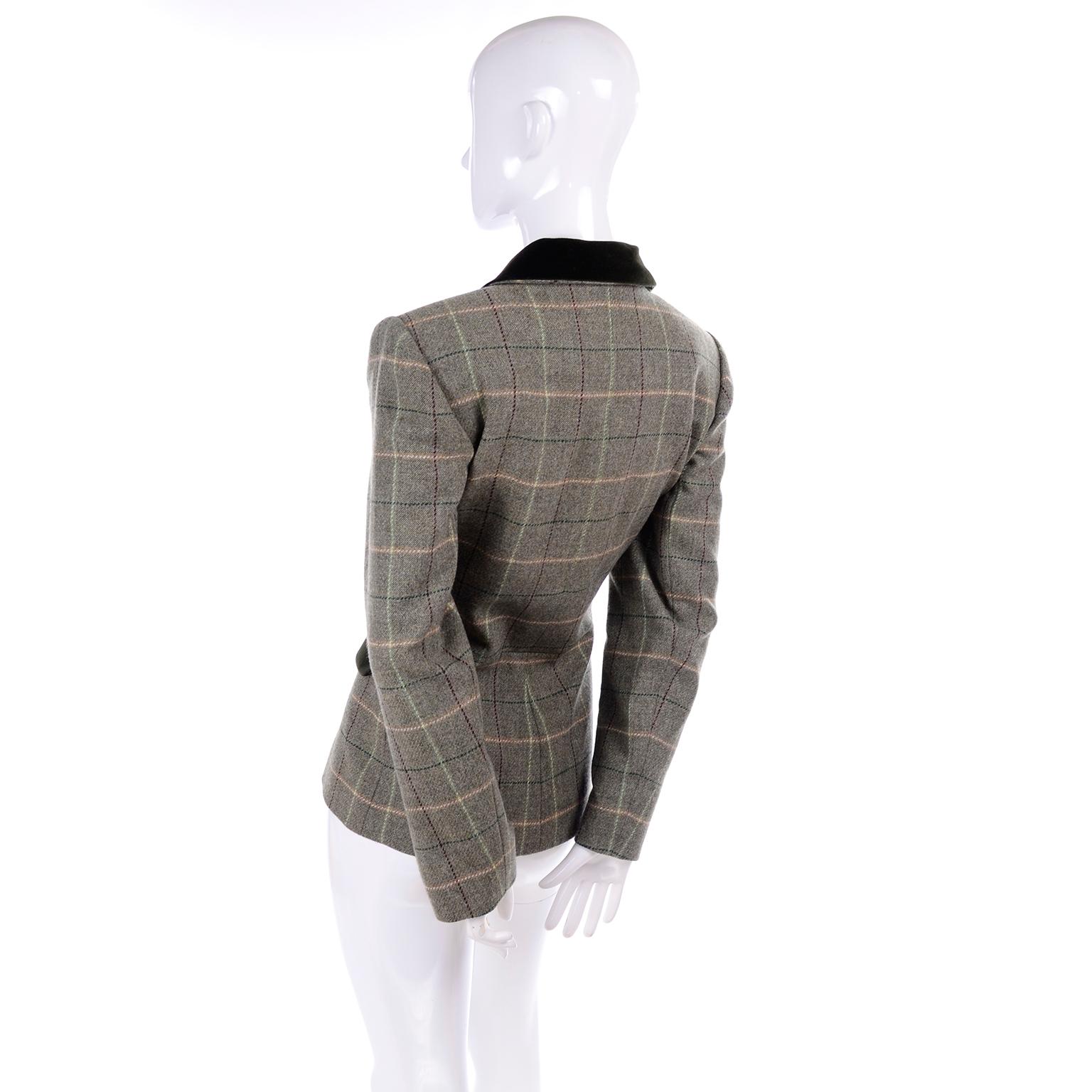 Gray 1995 Yves Saint Laurent Vintage Jacket in Cashmere Wool Green Plaid & Velvet