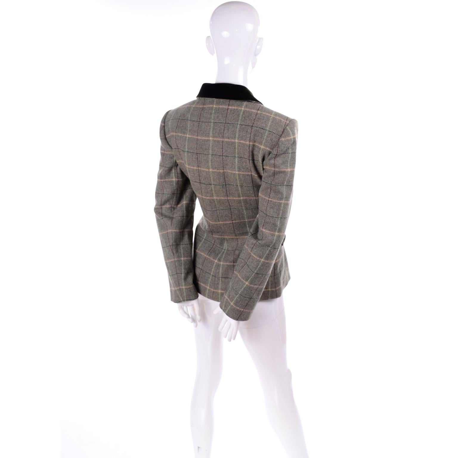 1995 Yves Saint Laurent Vintage Jacket in Cashmere Wool Green Plaid & Velvet In Excellent Condition In Portland, OR