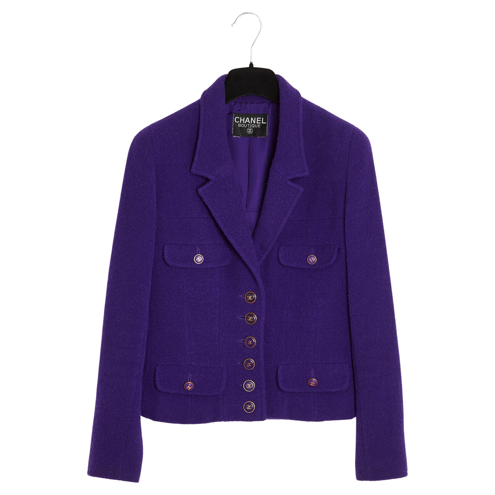 1995FW Chanel Purple Wool Bouclette Jacket Set FR34/36 For Sale