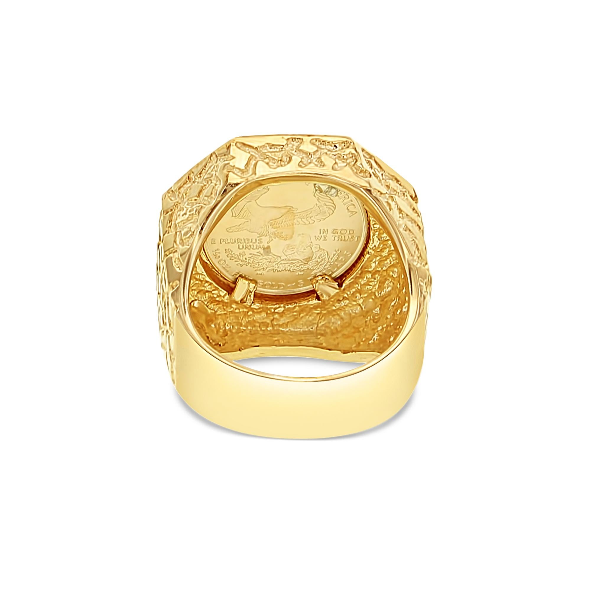 1996 1/10OZ 22K Fine Gold Lady Liberty Ring w. Hexagon face & Nugget Band In New Condition For Sale In Sugar Land, TX