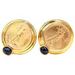 1996 American Liberty Fine Gold Coin Sapphire Earrings Classic Omega