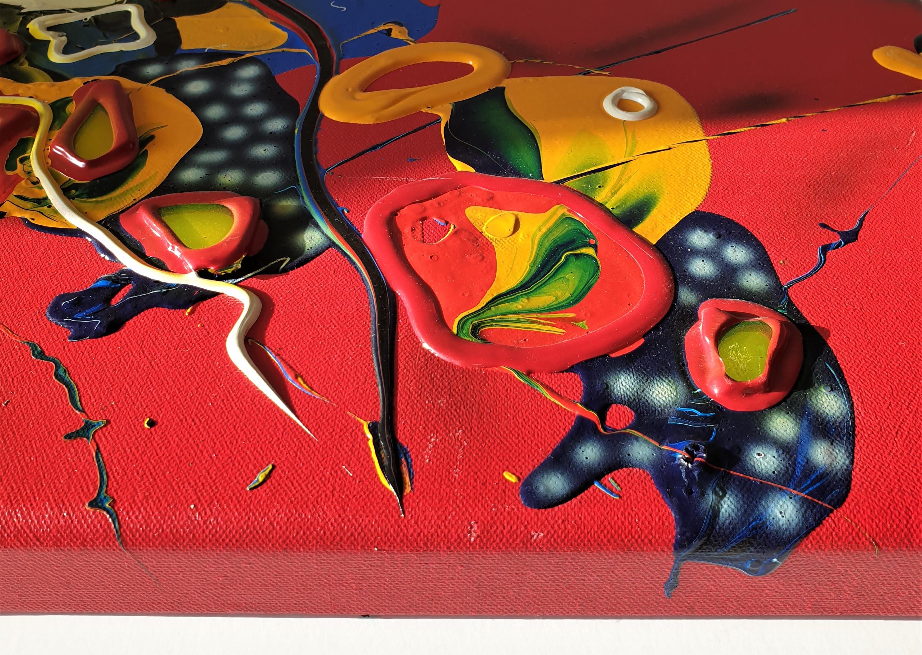 Toile 1996 Atelier Micmac de Bea Schröder, peinture abstraite pictographique en rouge en vente