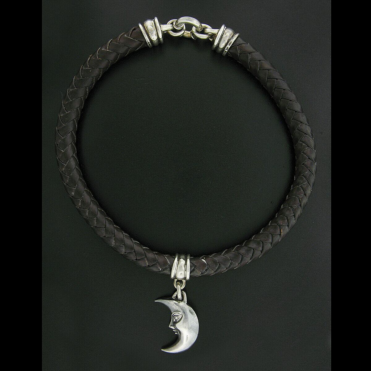 1996 B. Kieselstein-Cord Silver Man in the Moon Pendant Braided Leather Necklace For Sale 1