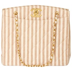 1996 Chanel Beige & Brown Quilted Linen Vintage XL Timeless Shoulder Bag