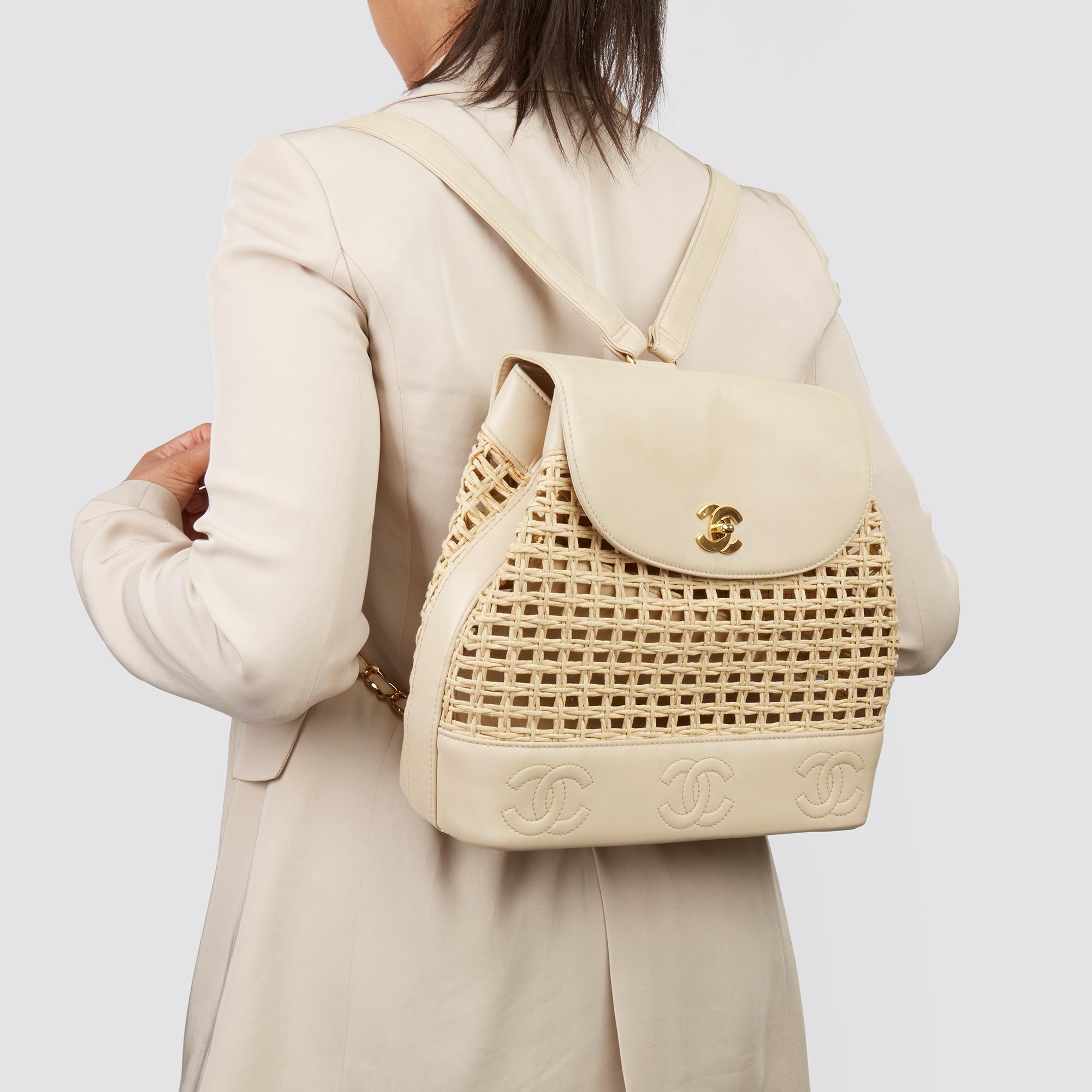 CHANEL
Beige Lambskin & Woven Wicker Vintage Timeless Logo Trim Classic Backpack

Serial Number: 4674447
Age (Circa): 1996
Accompanied By: Interior Pouch
Authenticity Details: Serial Sticker (Made in Italy)
Gender: Ladies
Type: Backpack

Colour: