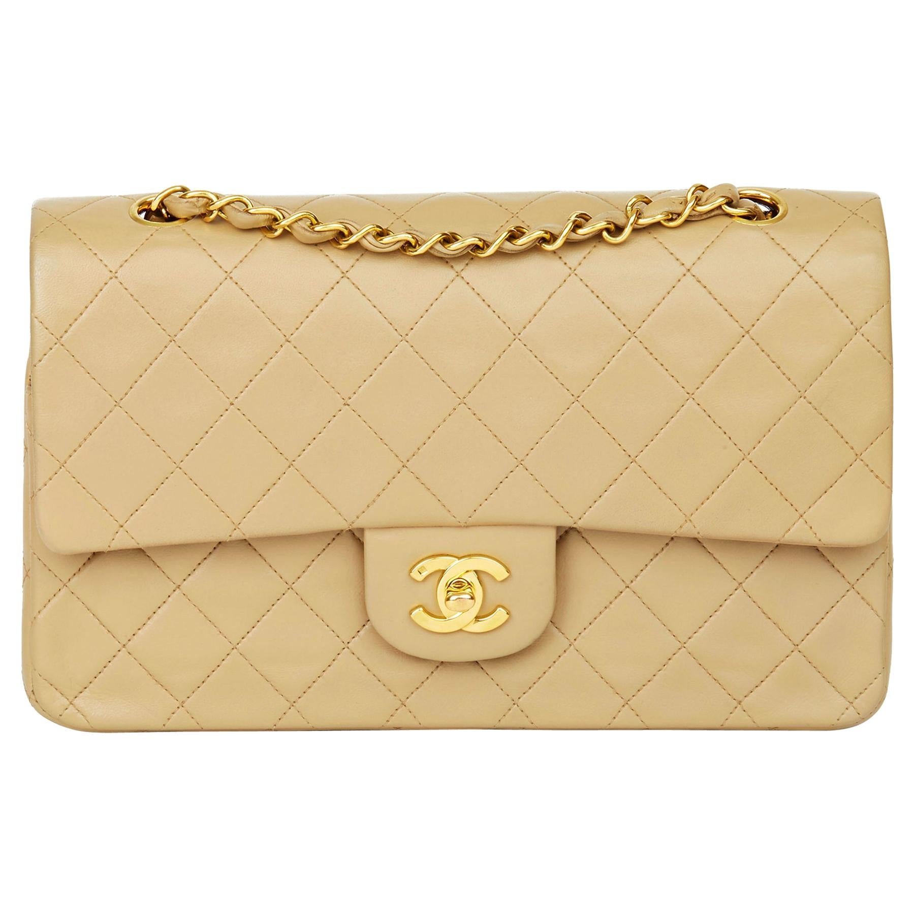 1996 Chanel Beige Quilted Lambskin Vintage Medium Classic Double Flap Bag 