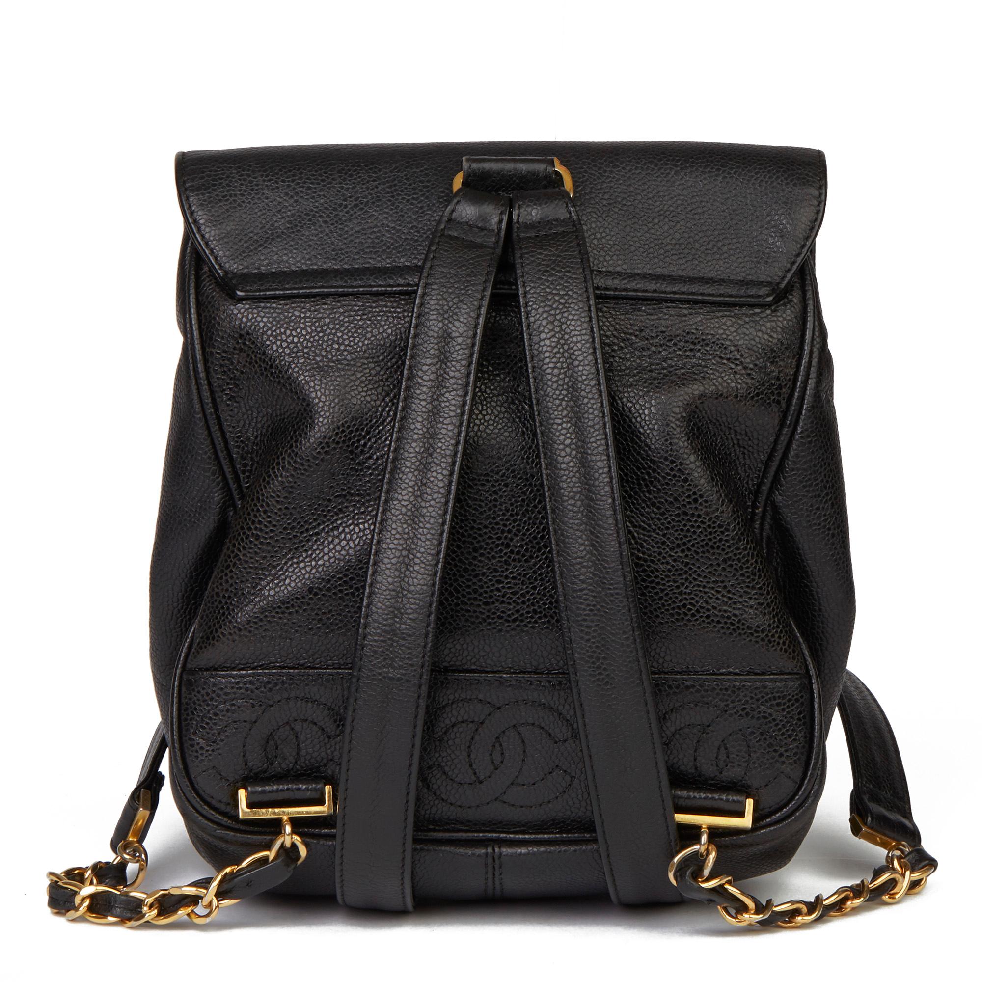 Women's 1996 Chanel Black Caviar Leather Vintage Logo Trim Classic Backpack
