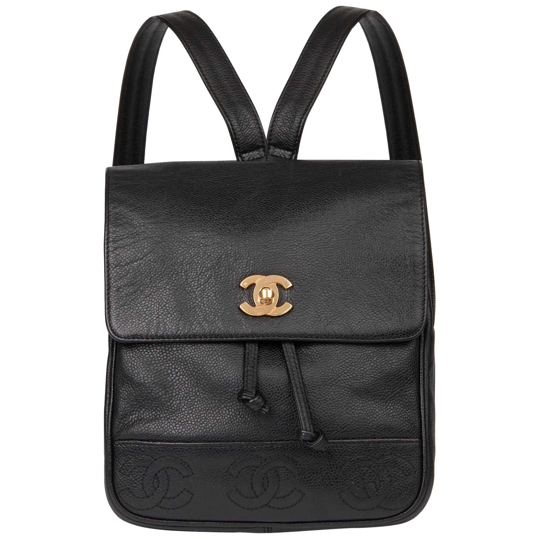 1996 Chanel Black Caviar Leather Vintage Logo Trim Classic Backpack