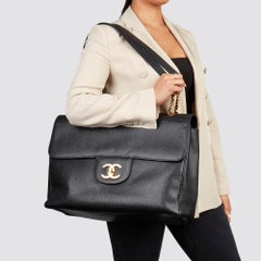 1996 Chanel Schwarz Kaviar Leder Vintage Maxi Jumbo XXL Klappe Tasche