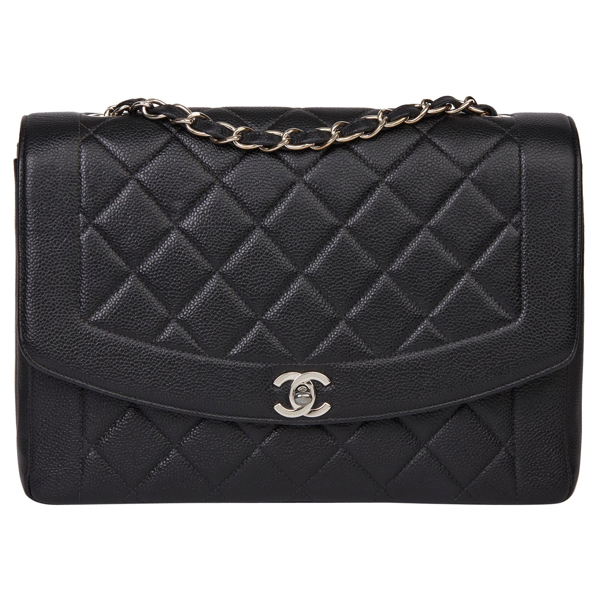 1996 Chanel Black Quilted Caviar Leather Vintage Large Diana Classic Single Flap