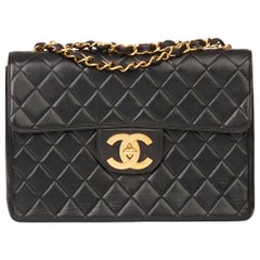 1996 Chanel Schwarz Gestepptes Lammfell Vintage Jumbo XL Klappe Tasche