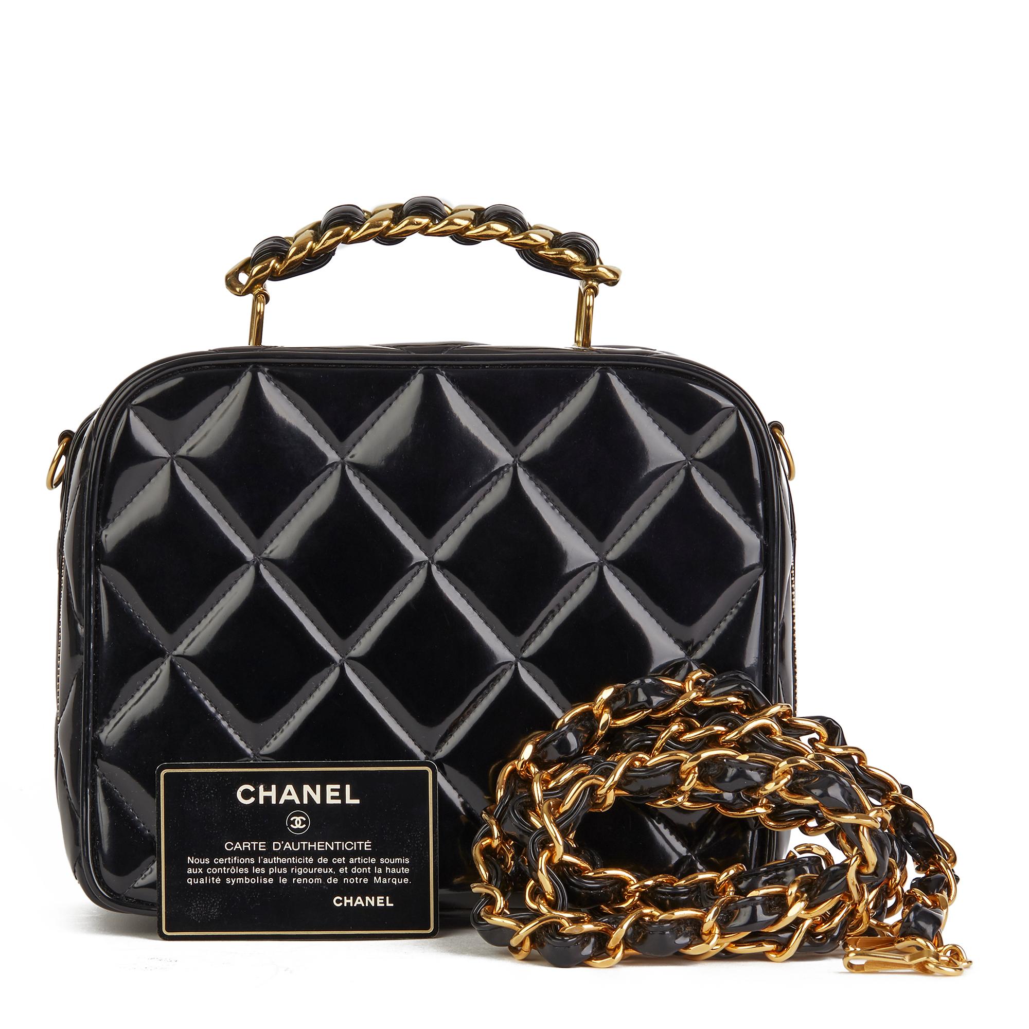 1996 Chanel Black Quilted Patent Leather Vintage Small Timeless Lunch Box Bag  5