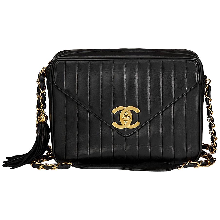 1996 Chanel Black Vertical Quilted Lambskin Vintage Jumbo XL Fringe Camera Bag