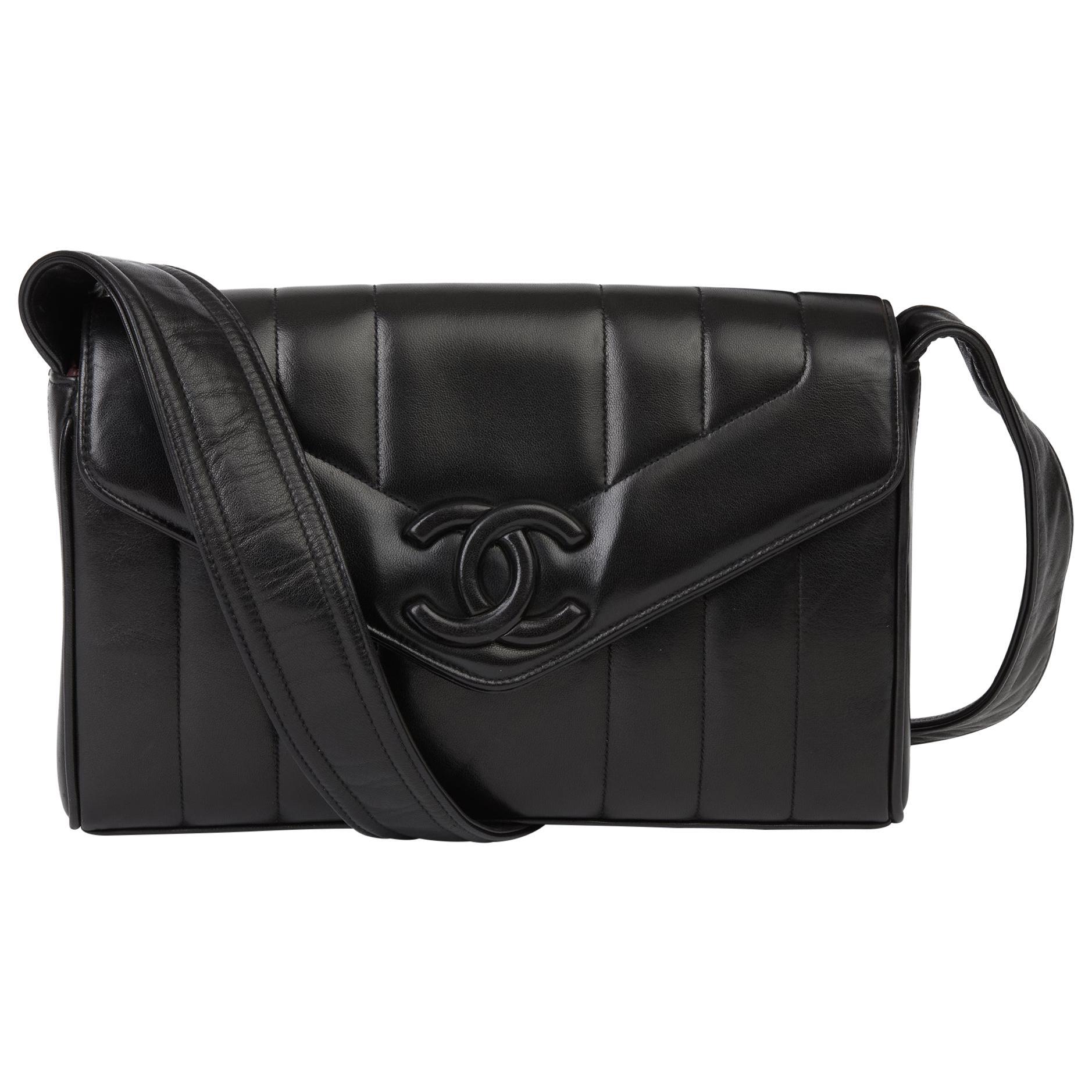 1996 Chanel Black Vertical Quilted Lambskin Vintage Logo Shoulder Flap Bag