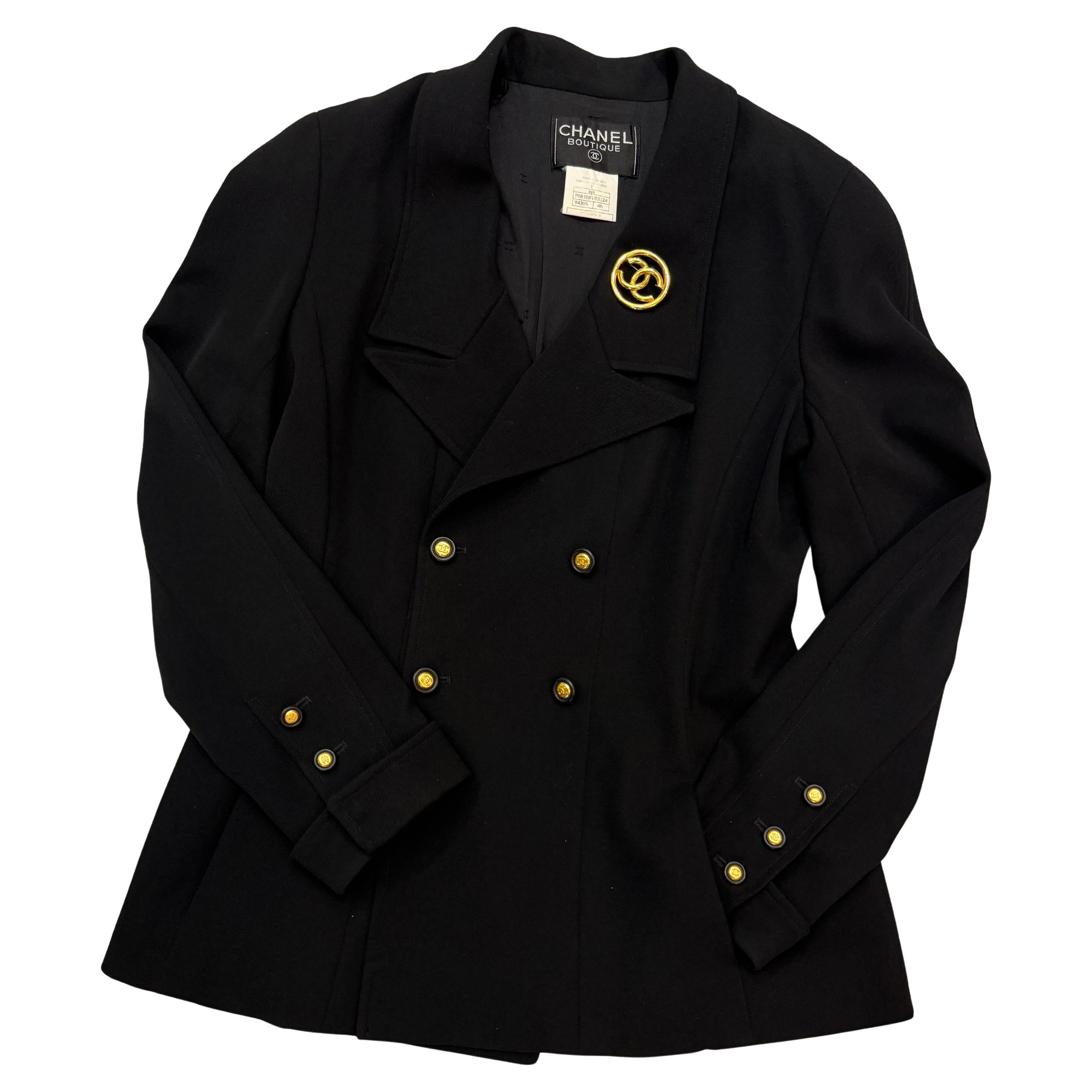 1996 CHANEL Double-Breasted Wool Blazer Jacket Black FR42 For Sale