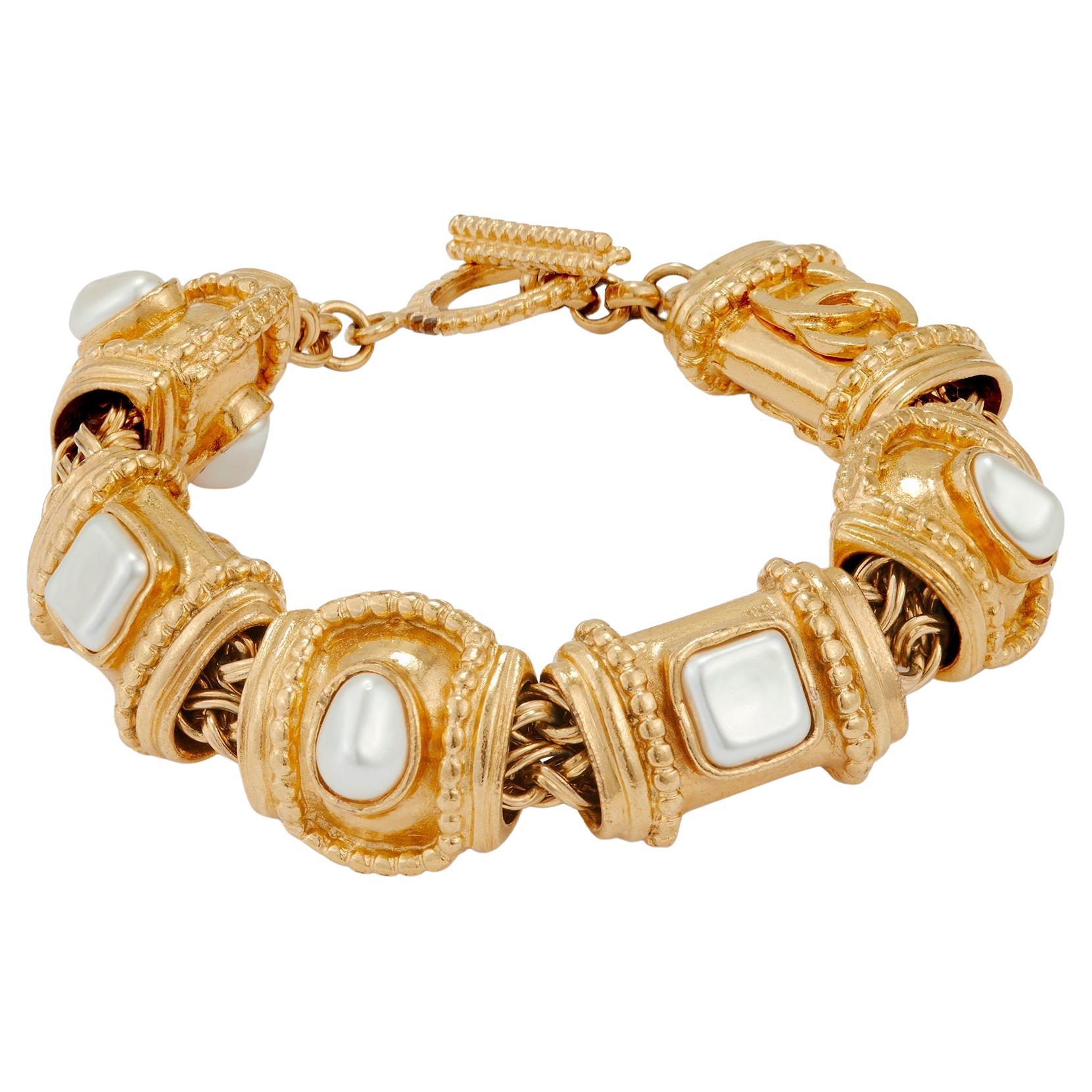 1996 Chanel Gold and Pearl Etruscan Bracelet For Sale