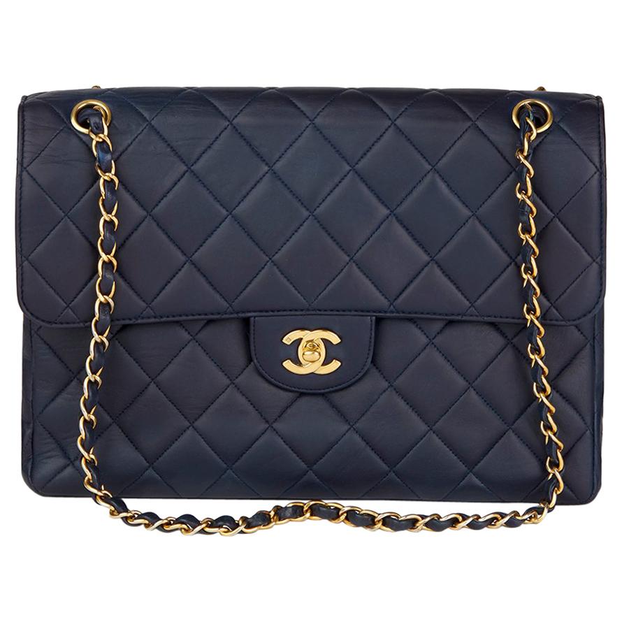 1996 Chanel Navy Quilted Lambskin Vintage Jumbo Double Sided Classic Flap Bag