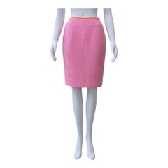 1996 CHANEL Pink Wool Pencil Skirt with Orange Waistband Trim