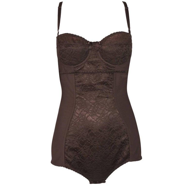 1996 Dolce and Gabbana Brown Lace Corset Bodysuit Top at 1stDibs