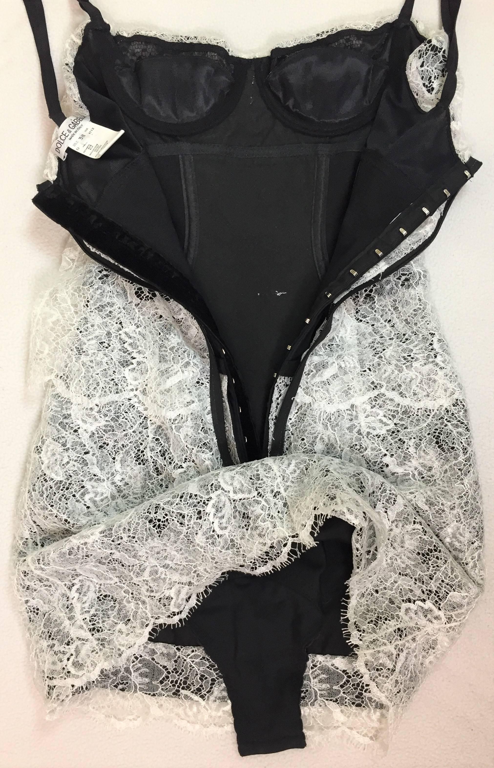 Dolce & Gabbana White Lace Mini Dress with Built-In Black Bodysuit, 1996  In Good Condition In Yukon, OK