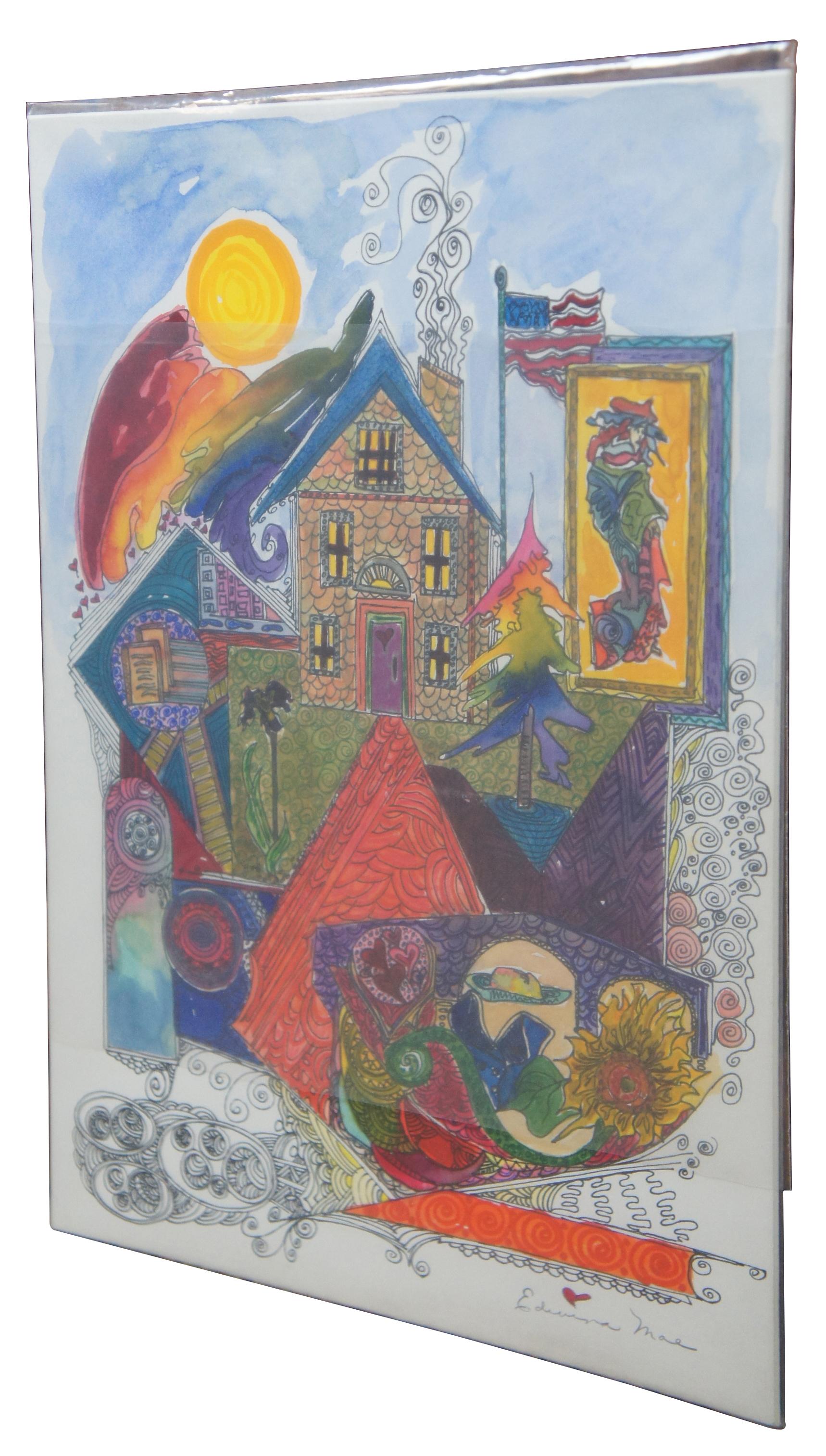 Edwina Mae Eldridge, 1996 watercolor painting featuring a house, rainbows, American flag, work of art and other assorted symbols the artist related to the Shifflers. / Edwina Mae Eldridge (