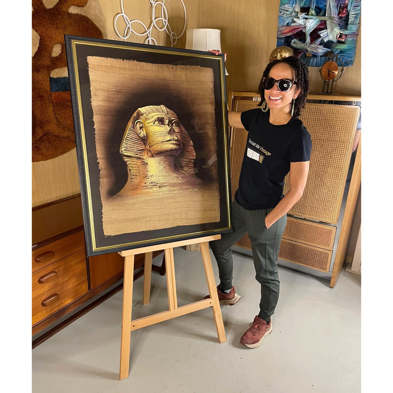 1996 Esfinge egipcia sobre papiro Pintura original firmada por Monsef Labib Egipcio en venta