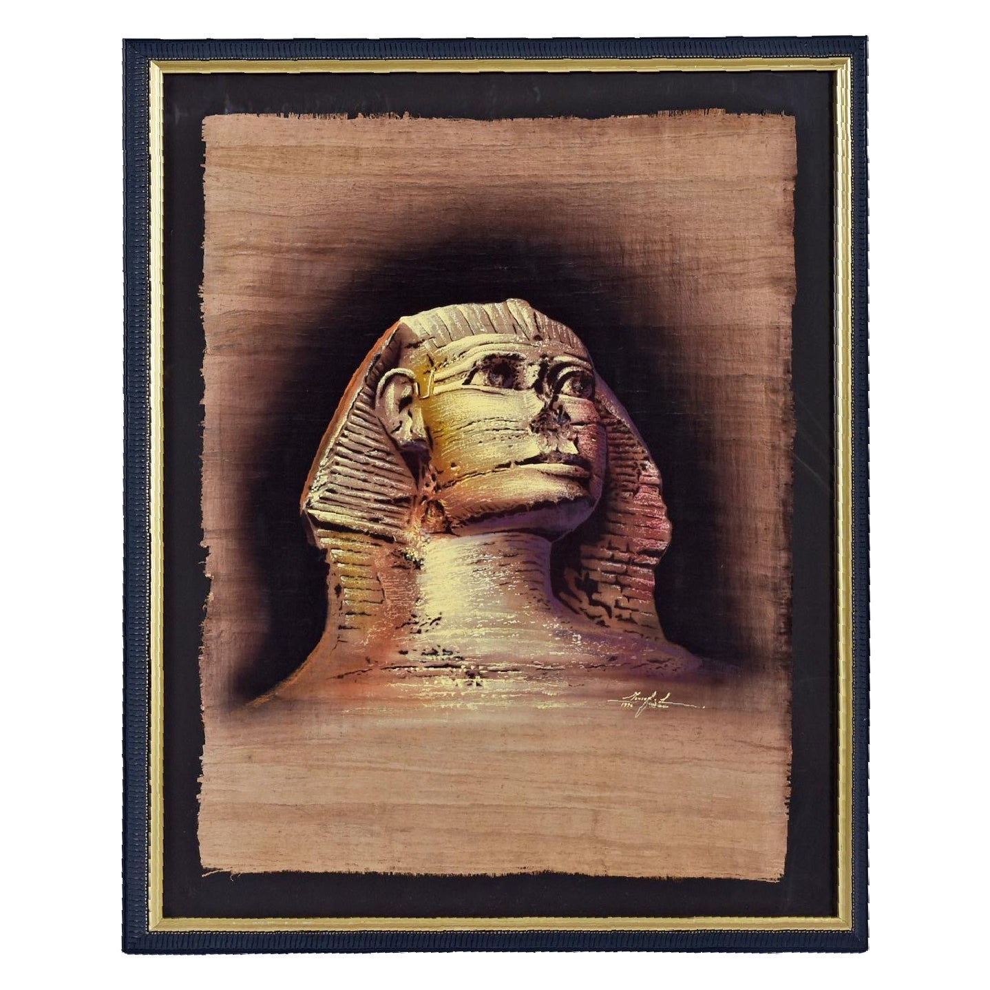 1996 Egyptian Sphinx on Papyrus Original Signed Painting by Monsef Labib For Sale