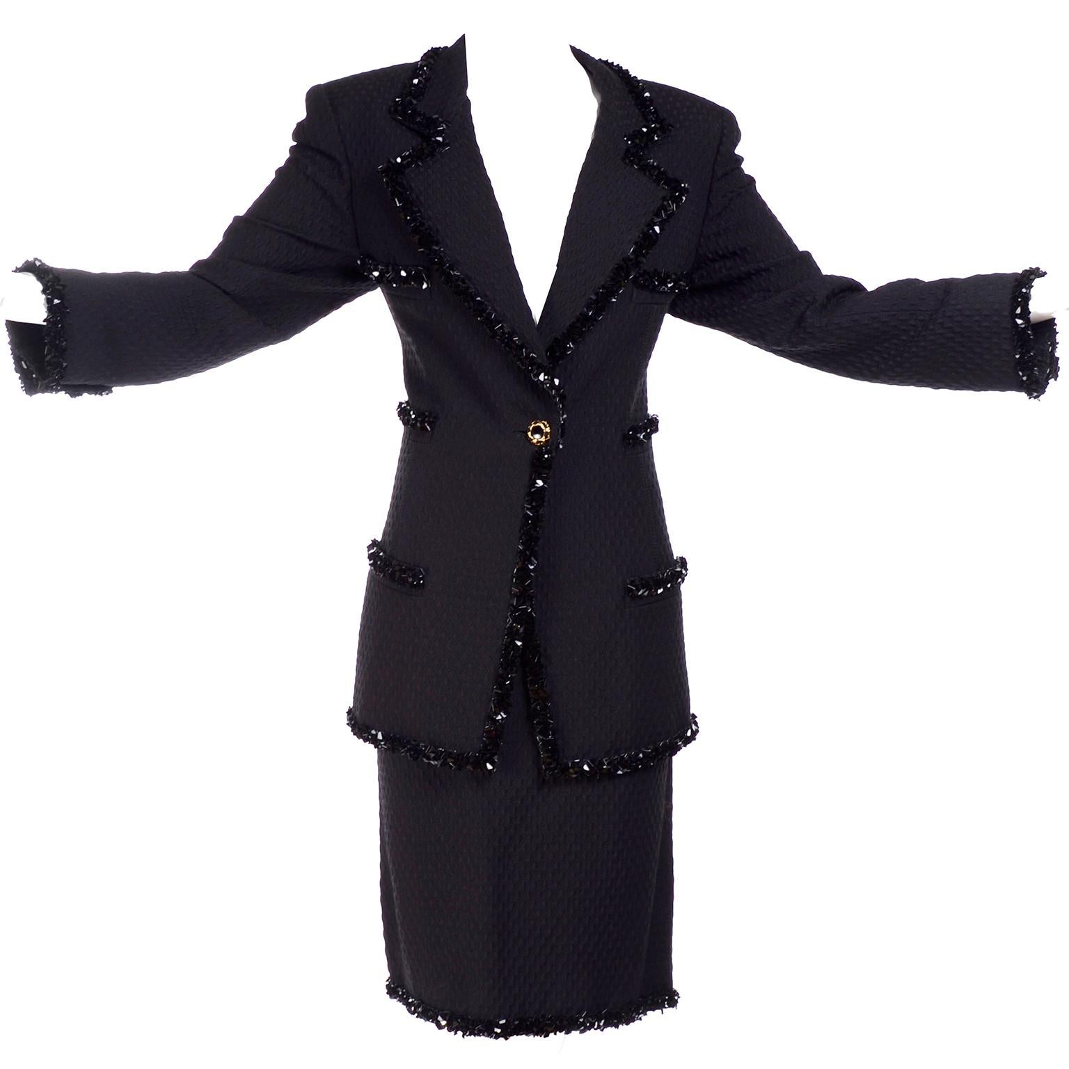 1996 Emaunel Ungaro Vintage Skirt & Jacket Black Runway Evening Suit w Sequins  In Excellent Condition In Portland, OR