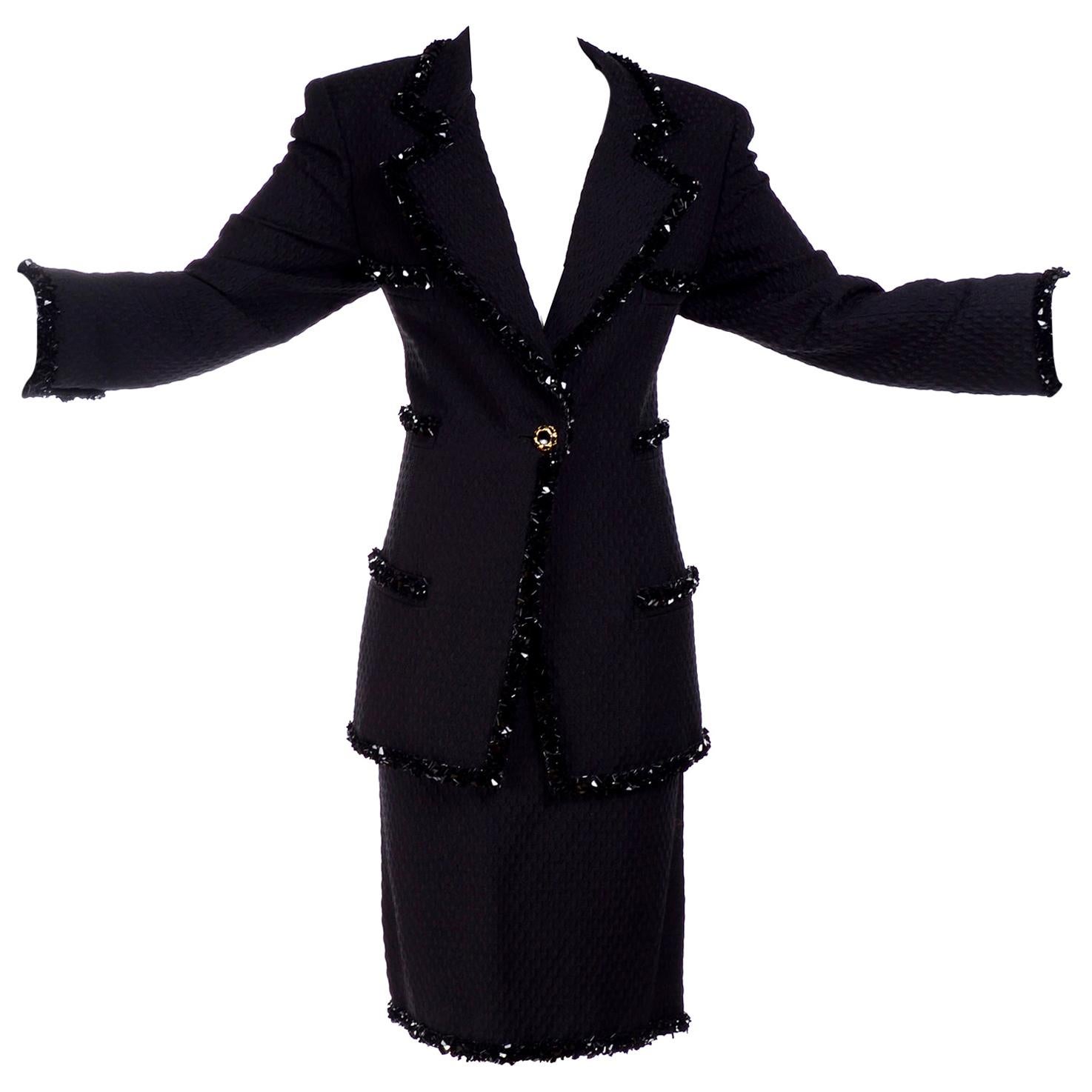 1996 Emaunel Ungaro Vintage Skirt & Jacket Black Runway Evening Suit w Sequins 