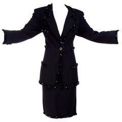 1996 Emaunel Ungaro Vintage Skirt & Jacket Black Runway Evening Suit w Sequins 