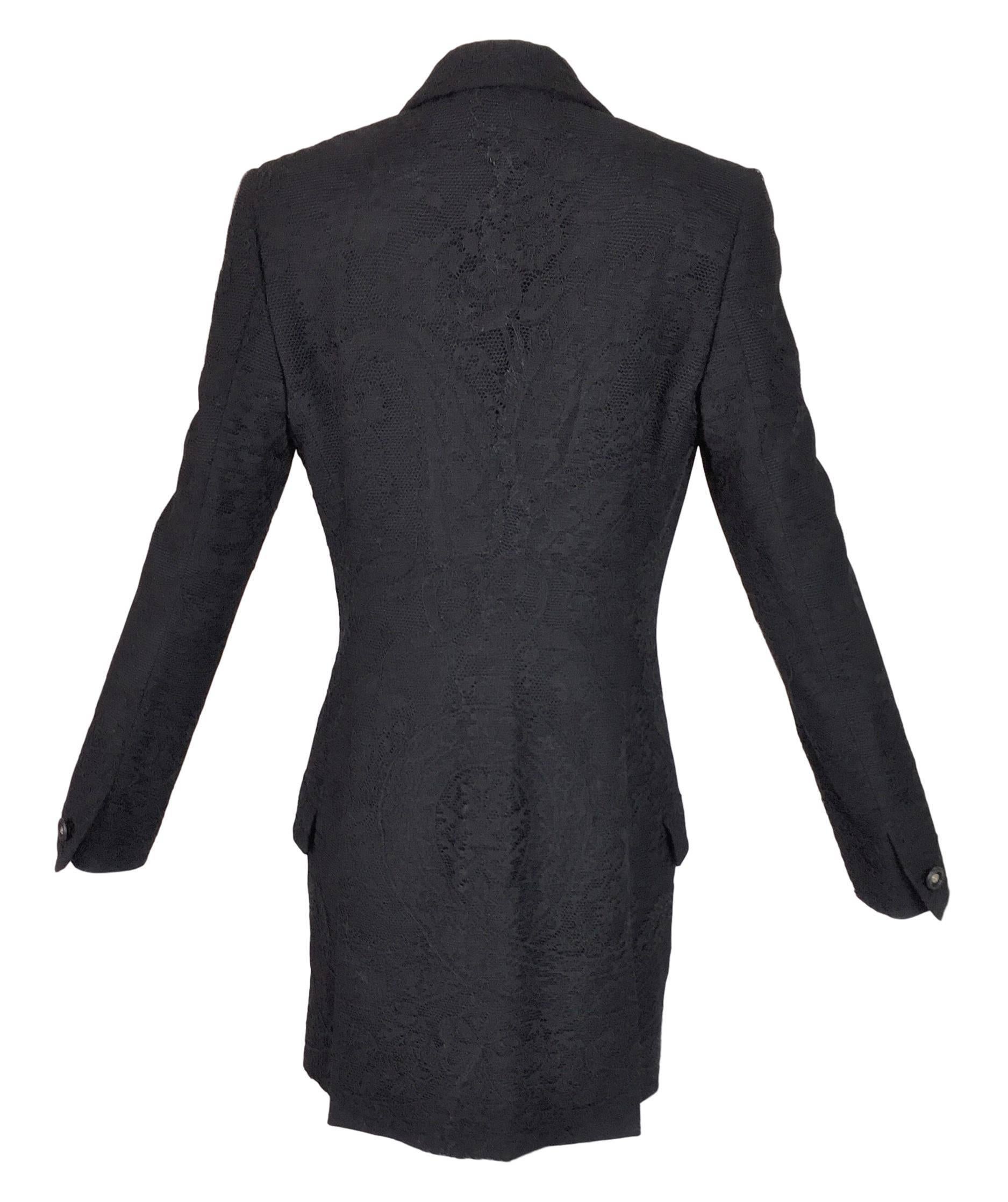 Women's 1996 Gianni Versace Couture Black Mesh & Lace Long Fitted Jacket Coat