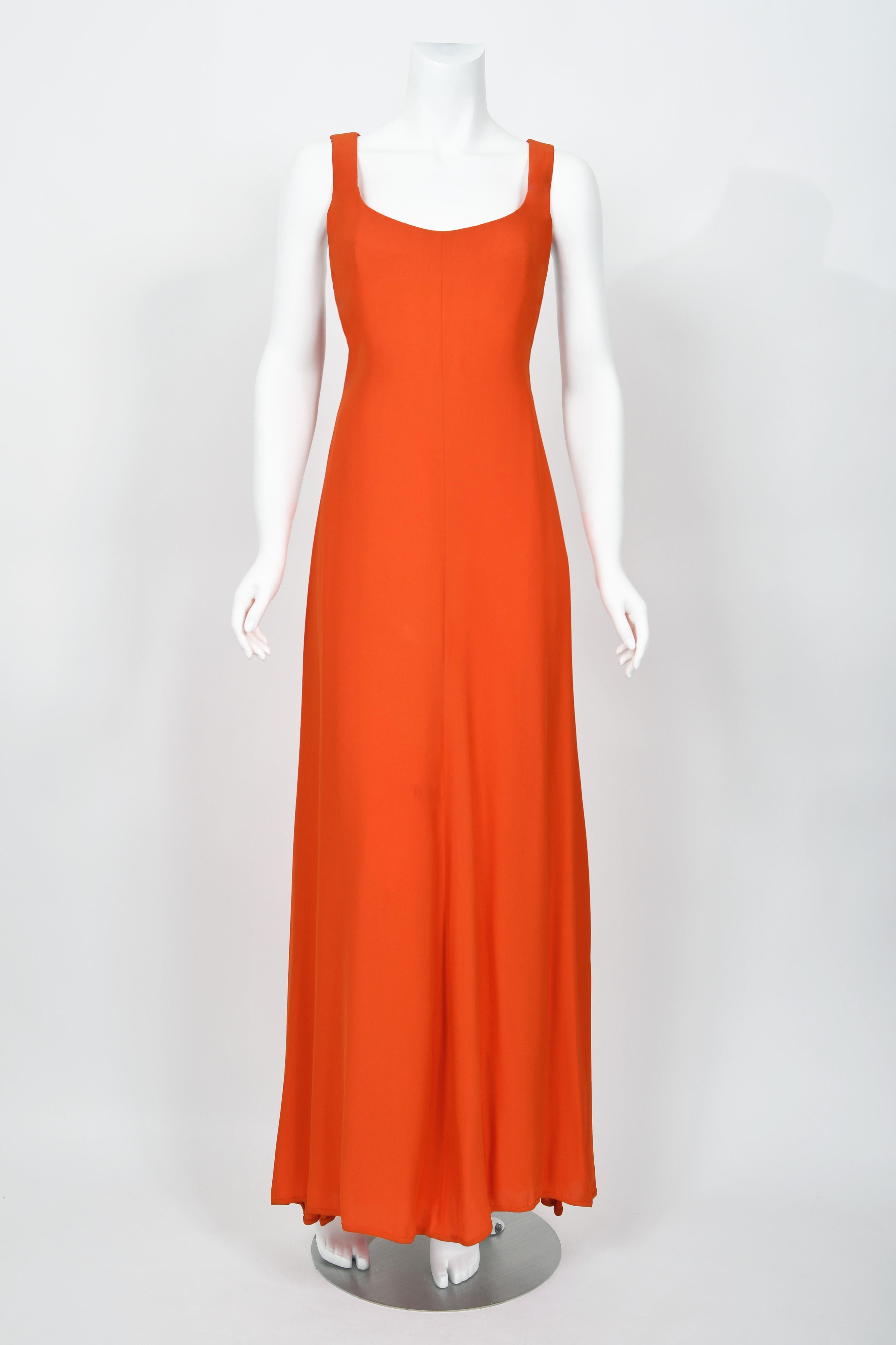 1996 Gianni Versace Couture Documented Runway Orange Silk Bustier Maxi Dress For Sale 5