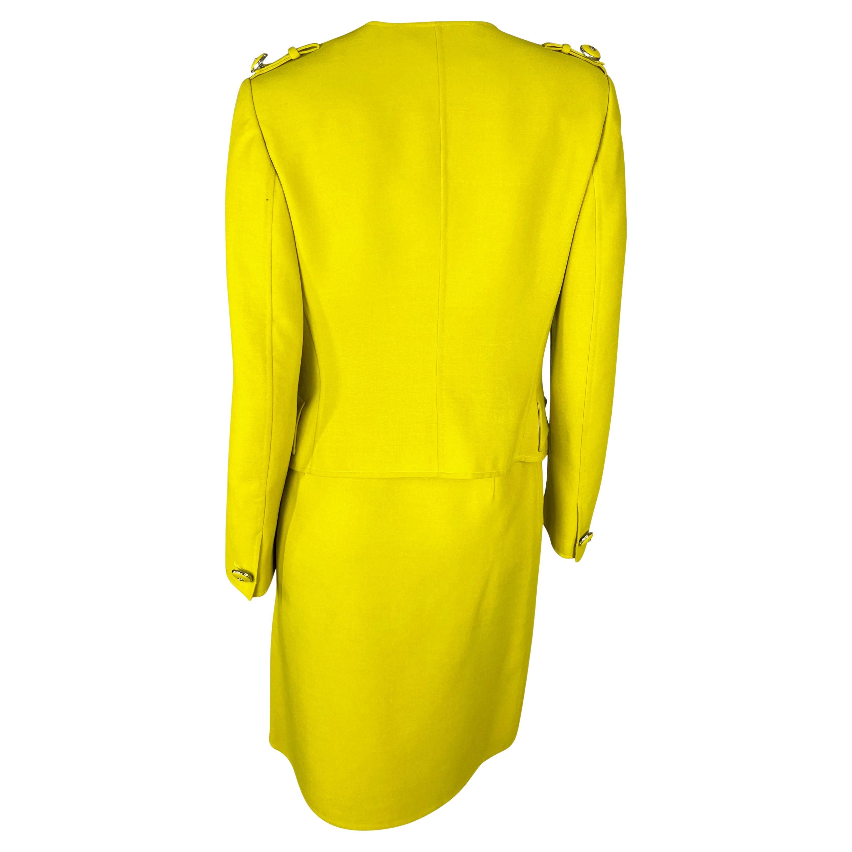1996 Gianni Versace Couture Yellow Medusa Button Skirt Suit For Sale at