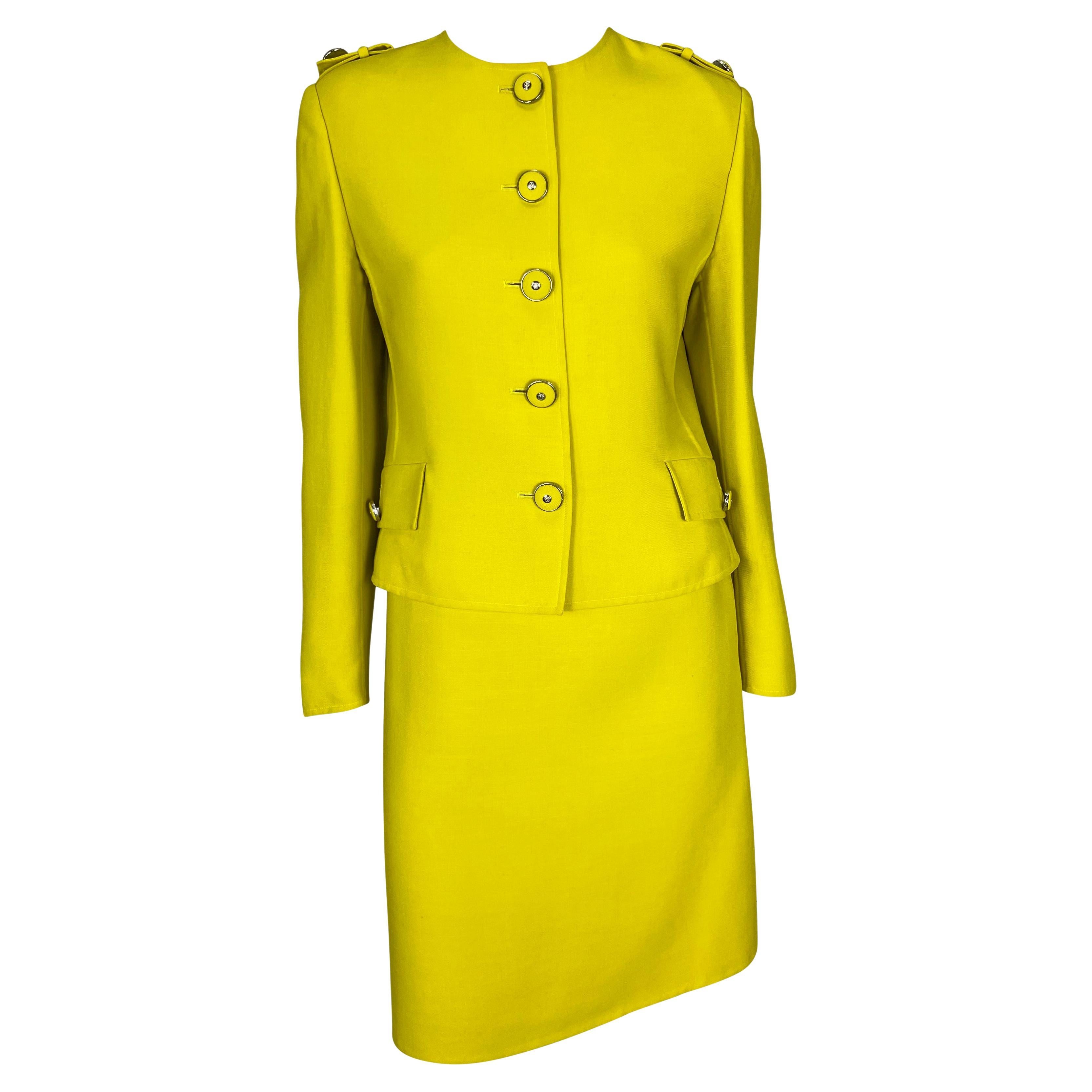 1996 Gianni Versace Couture Yellow Medusa Button Skirt Suit