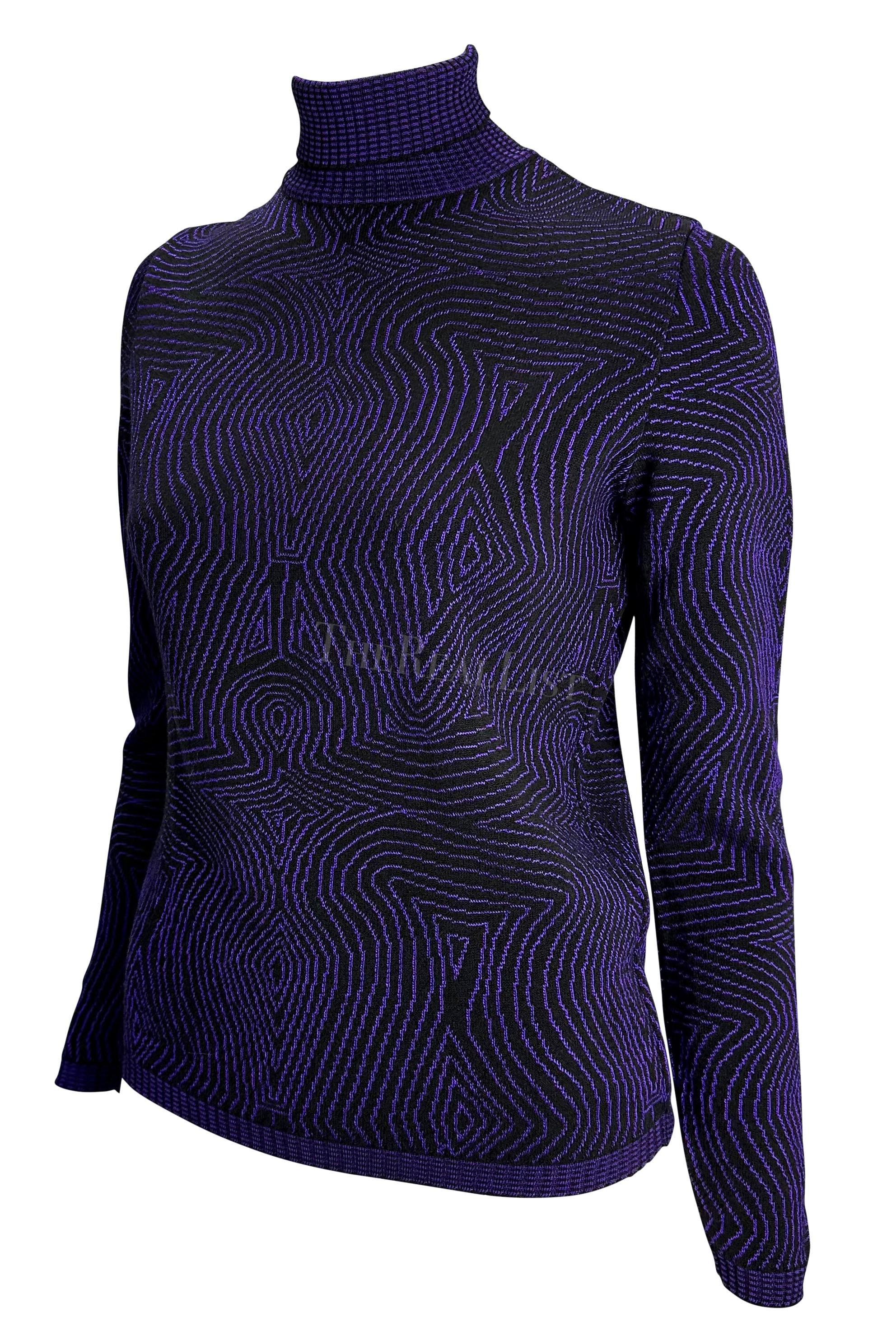 Presenting a chic purple and black Gianni Versace turtleneck sweater, designed by Gianni Versace. From 1996, this fabulous knit sweater features an abstract linear pattern and is the perfect vintage Gianni Versace closet staple. Similar patterns