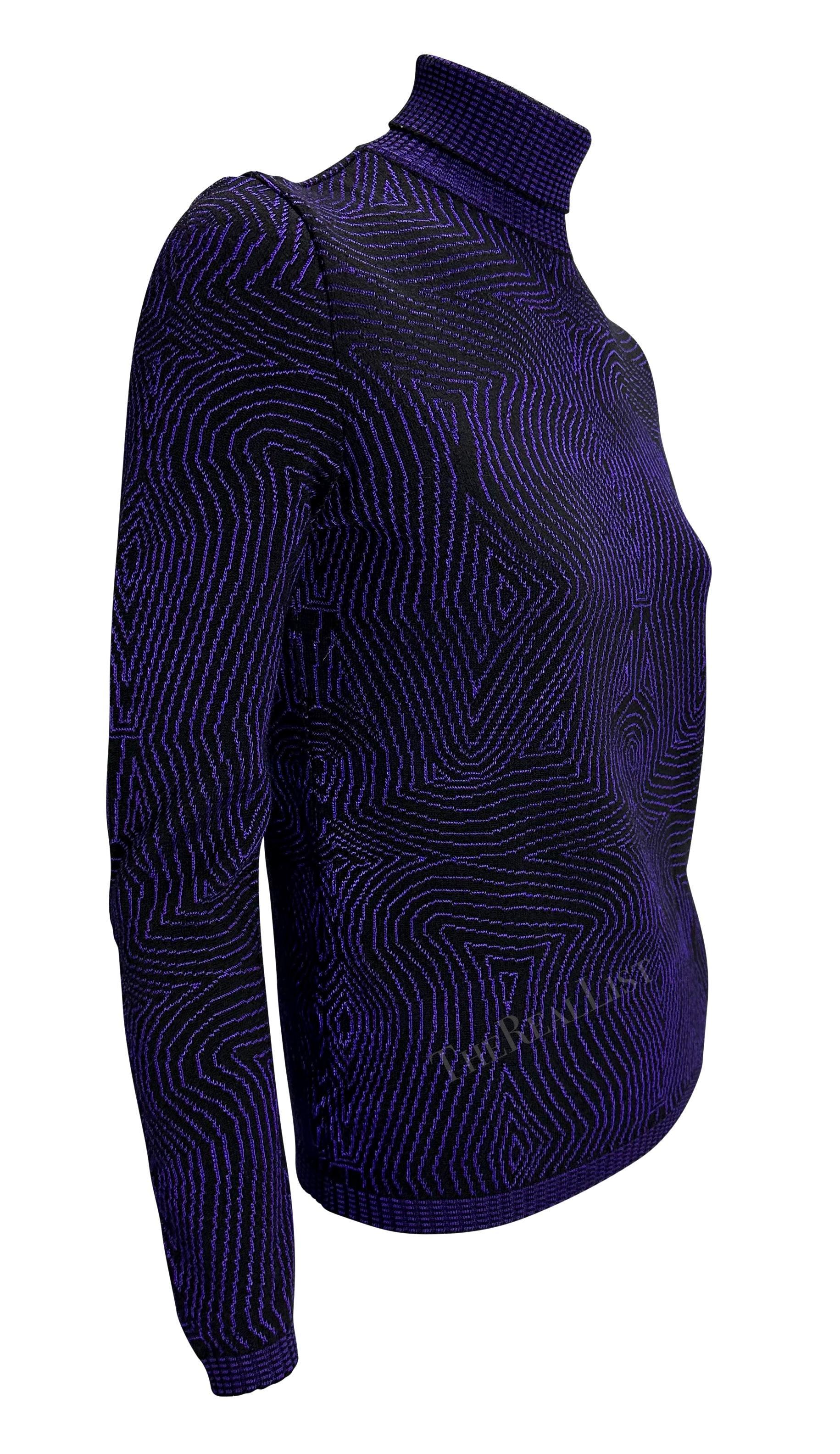 1996 Gianni Versace Jersey de punto con cuello vuelto psicodélico Op Art morado en venta 1