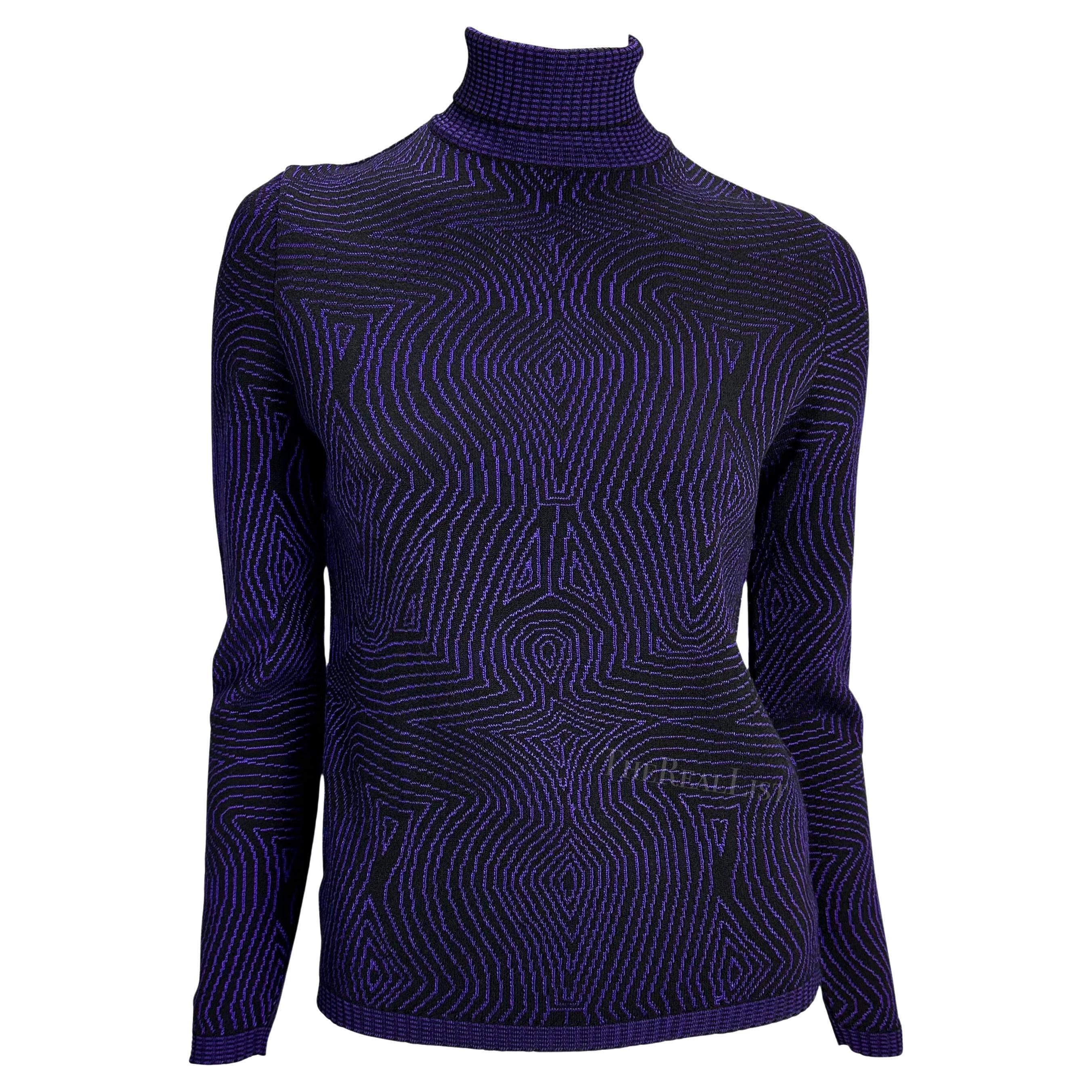 1996 Gianni Versace Purple Psychedelic Op Art Knit Roll-Neck Sweater Top For Sale